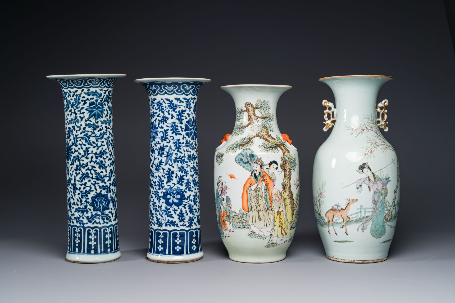 A pair of Chinese blue and white vases and two qianjiang cai vases, 19/20th C. - Image 2 of 4