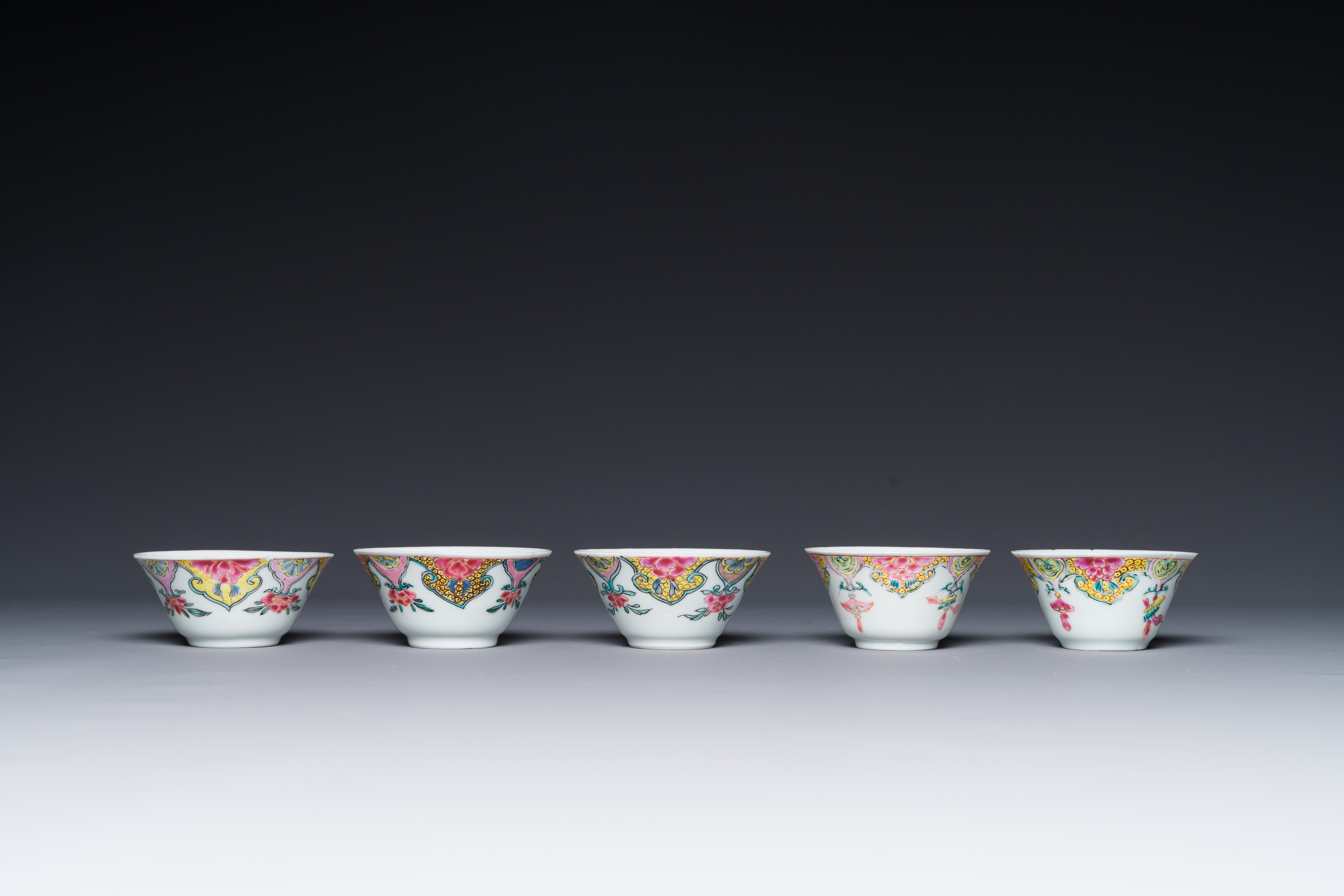 Five Chinese famille rose cups and six saucers with floral decor, Yongzheng/Qianlong - Image 4 of 6