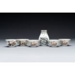 Five Chinese export grisaille cups and a milk jug, Qianlong
