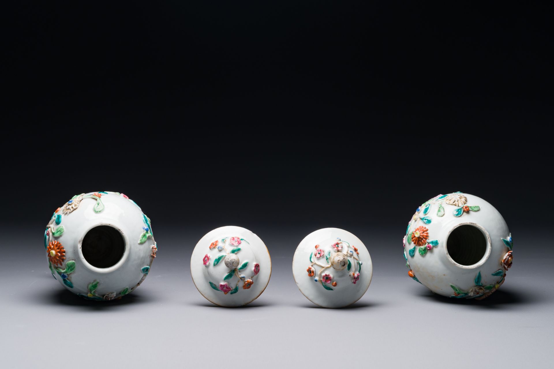 A pair of Chinese famille rose covered vases and a plate with applied floral design, Yongzheng - Image 2 of 3