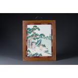 A Chinese famille rose 'two sages by the mountain' plaque in wooden frame, 18/19th C.