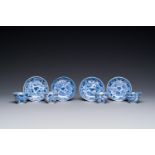 Four Chinese blue and white miniature cups and saucers, butterfly mark, Kangxi