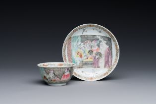 A rare Chinese rose-grisaille cup and saucer after 'Actors of the Comedie-Francaise' by Watteau, Yon