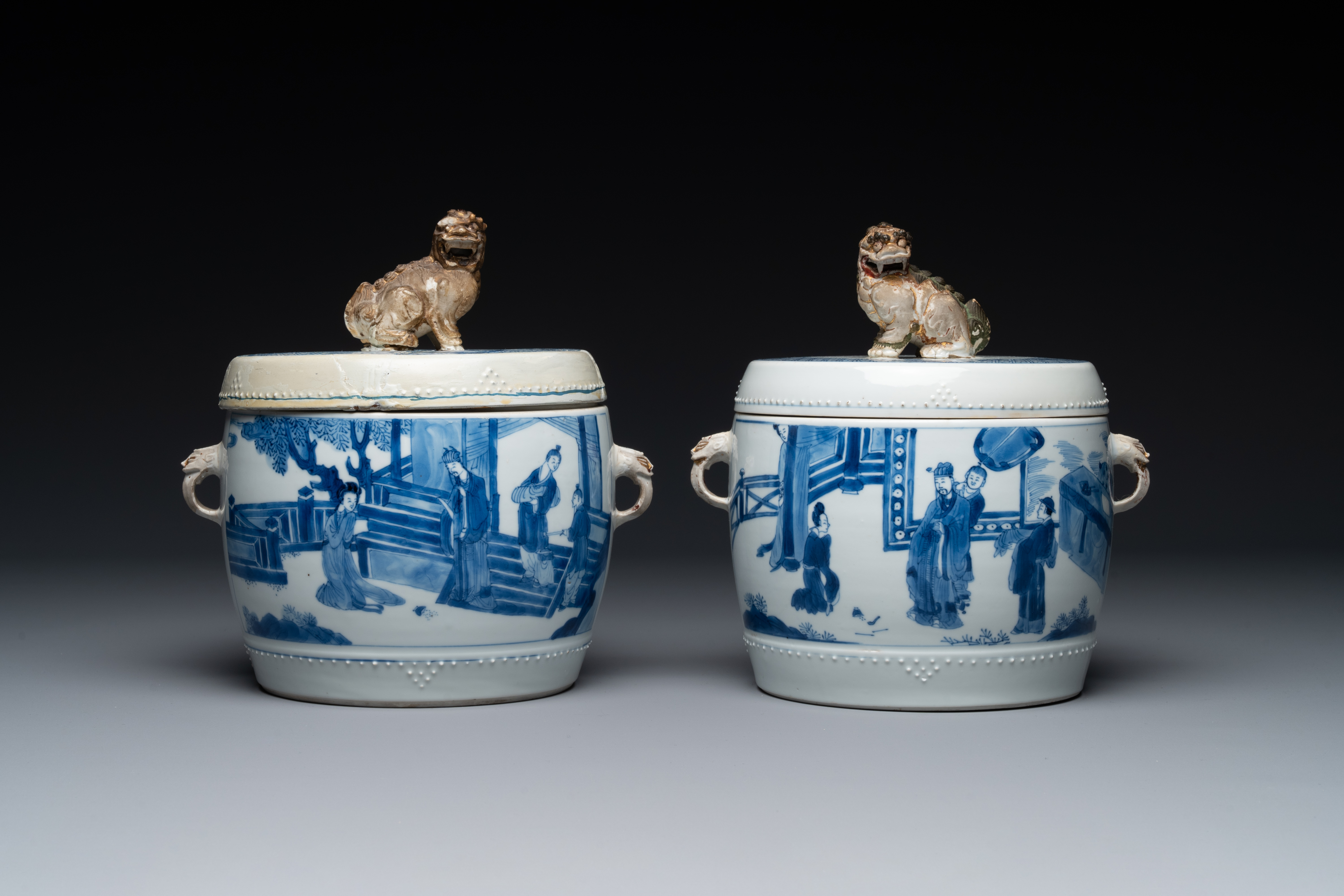 A pair of Chinese blue and white drum-shaped jars and cover, Jiajing mark, Kangxi - Image 2 of 8