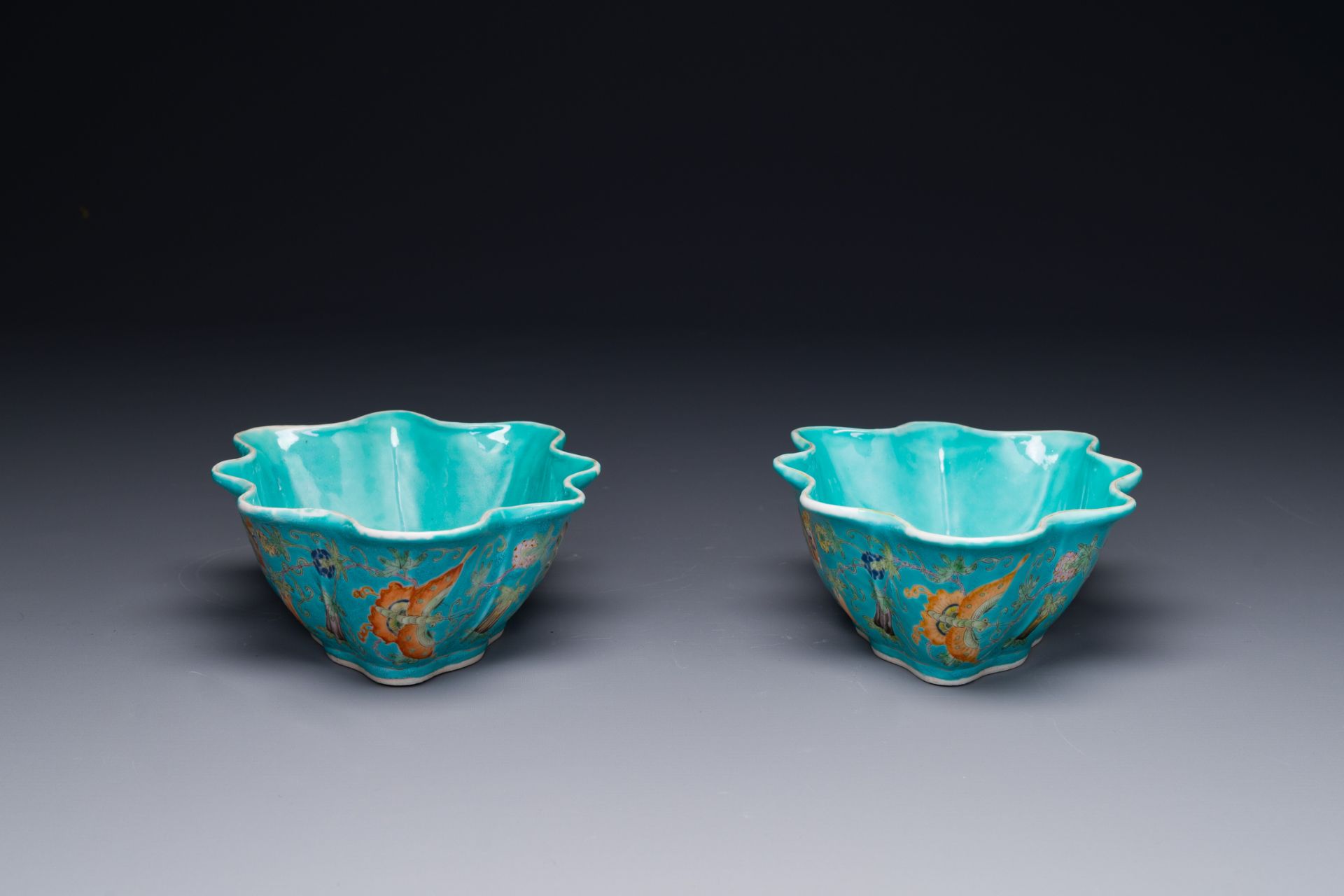 A pair of Chinese turquoise-ground famille rose leaf-shaped bowls with butterfly design, Jiaqing mar - Image 2 of 6