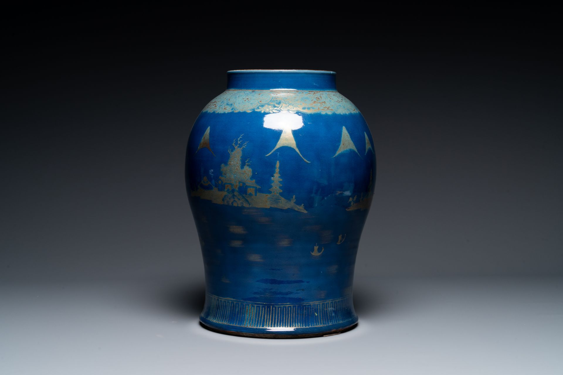 A Chinese gilt-decorated powder-blue vases with landscape design, Qianlong/jiaqing - Image 3 of 6