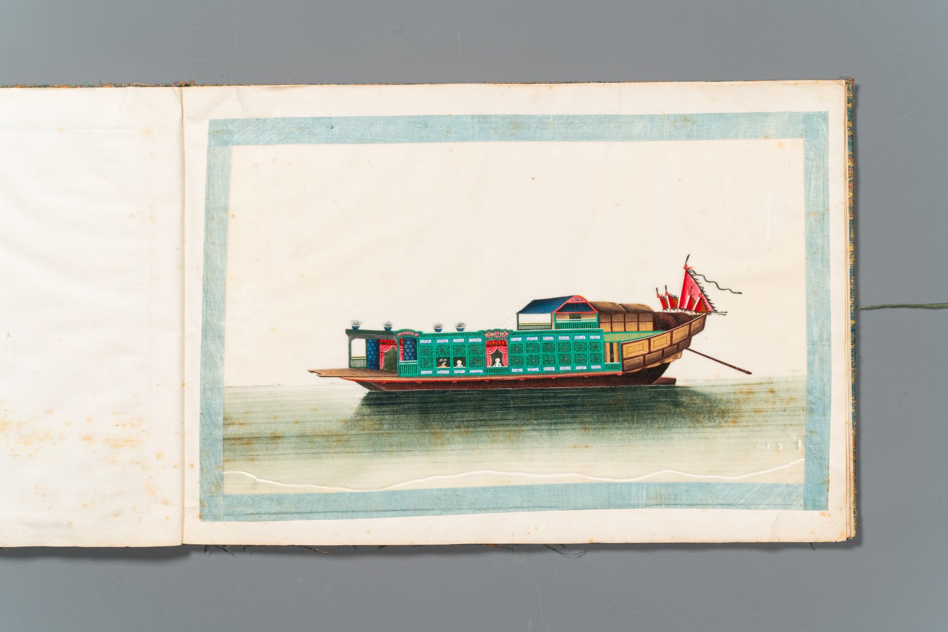 A rare album with Chinese rice paper paintings of 'Hong' views, figures and ships, Canton, Foekhing - Image 12 of 14