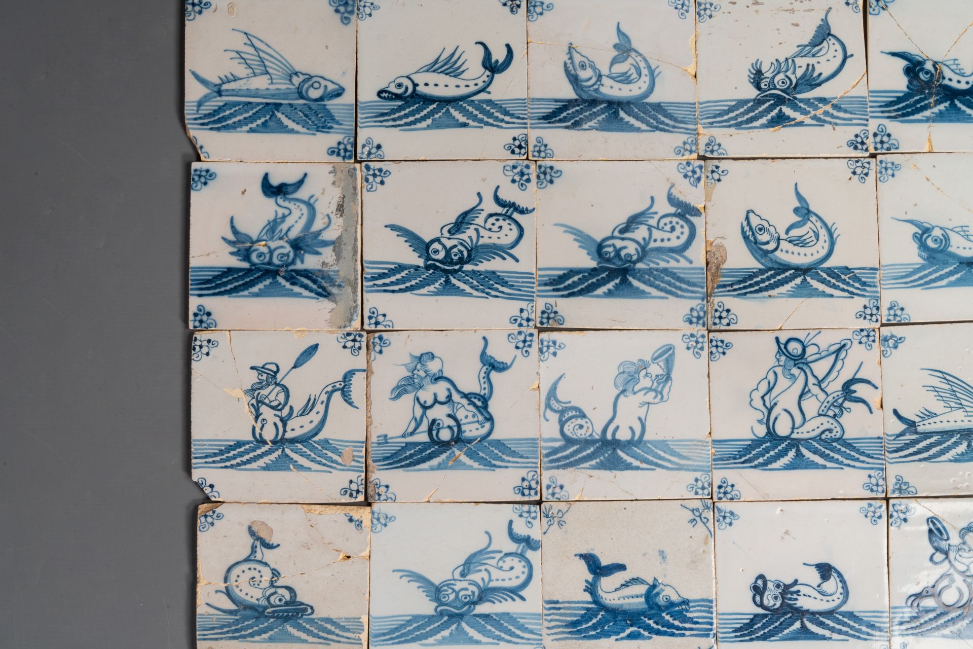 92 blue and white Dutch Delft tiles with sea monsters and ships, 18th C. - Image 7 of 16