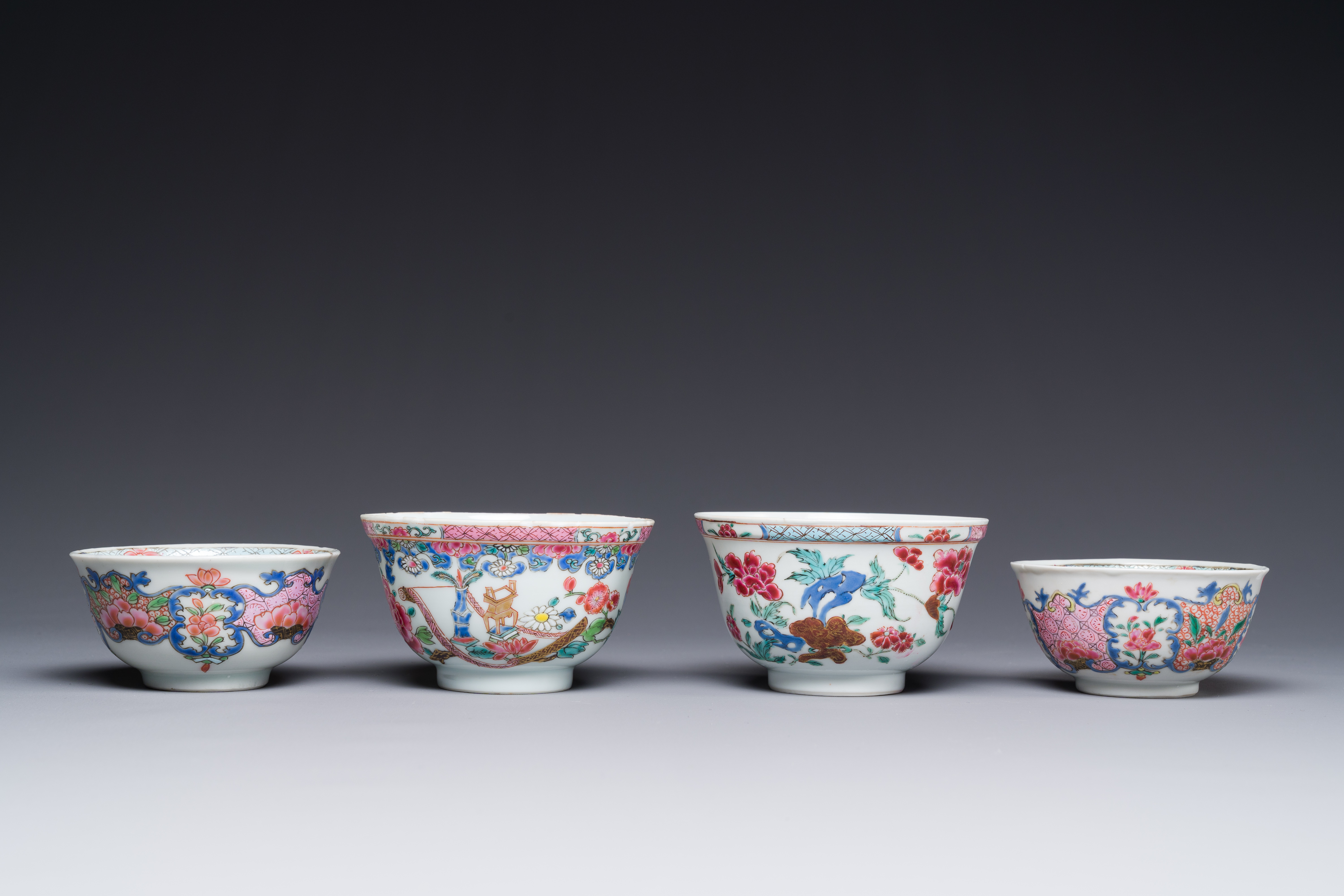 Four Chinese famille rose cups and three saucers with floral design, Yongzheng - Image 4 of 6