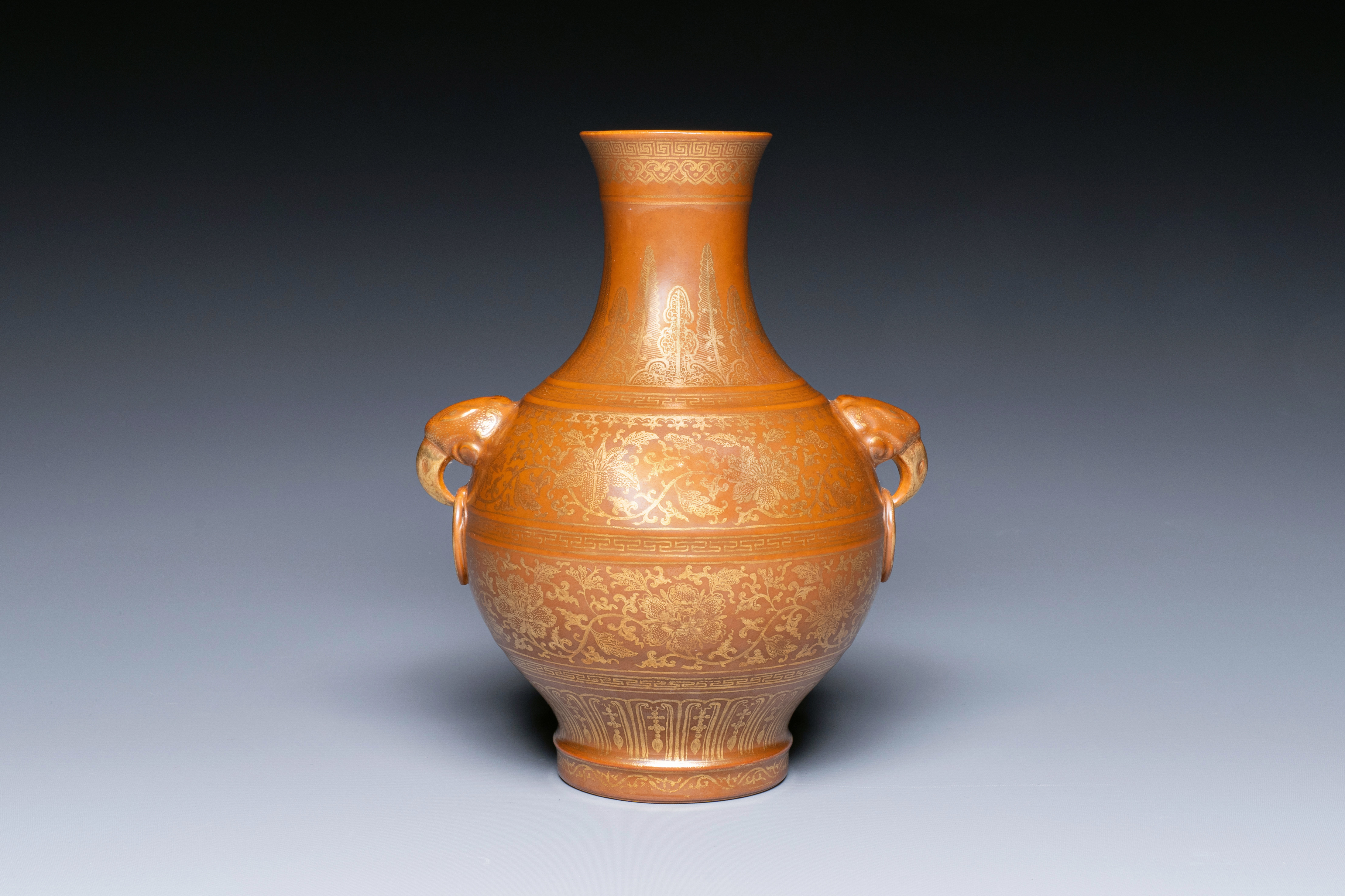 A Chinese brown-glazed 'hu' vase with gilt flower scrolls, Jiaqing mark and of the period - Image 3 of 6