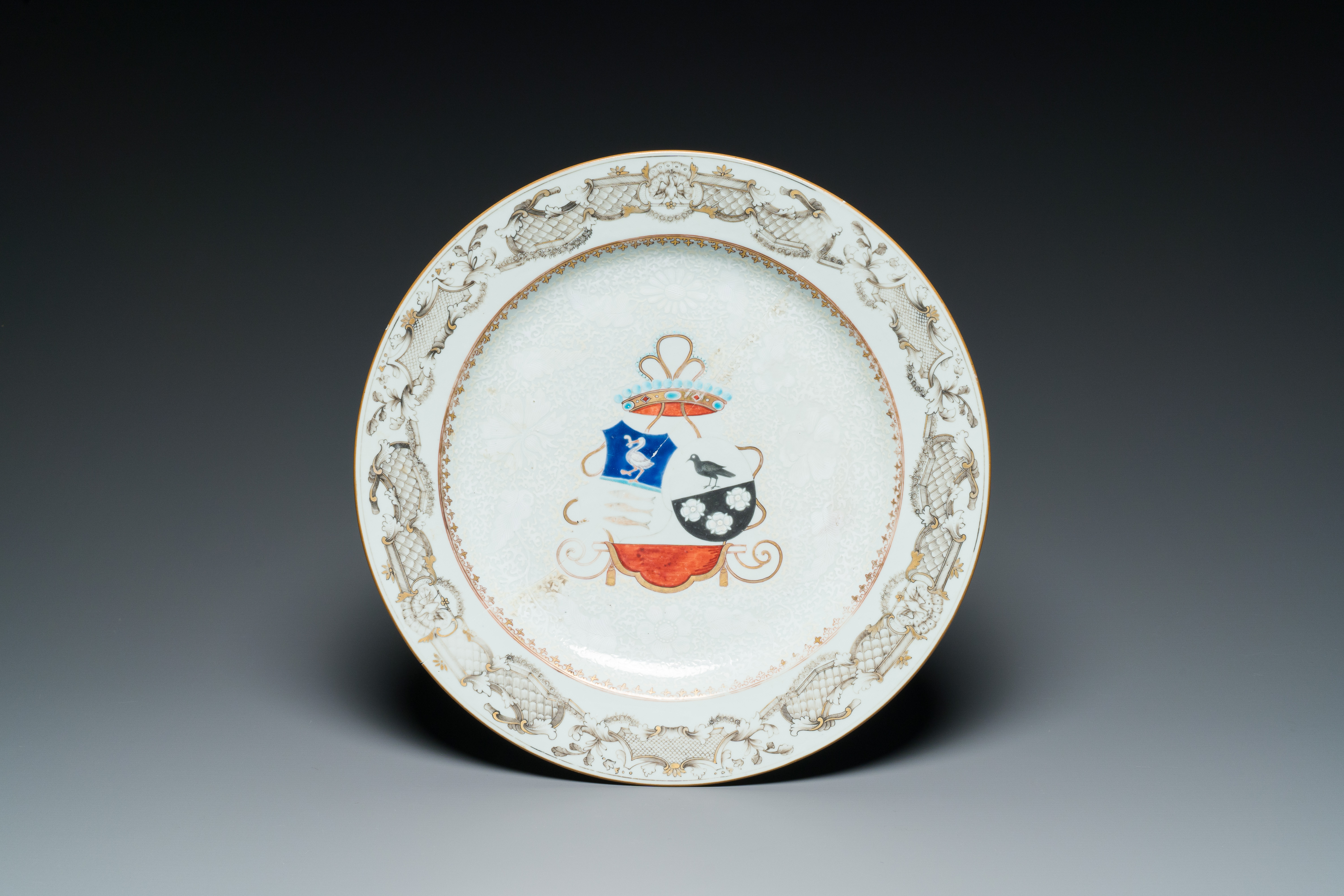 A Chinese grisaille armorial dish and two plates for the Dutch, English and Scottish markets, Qianlo - Image 2 of 5