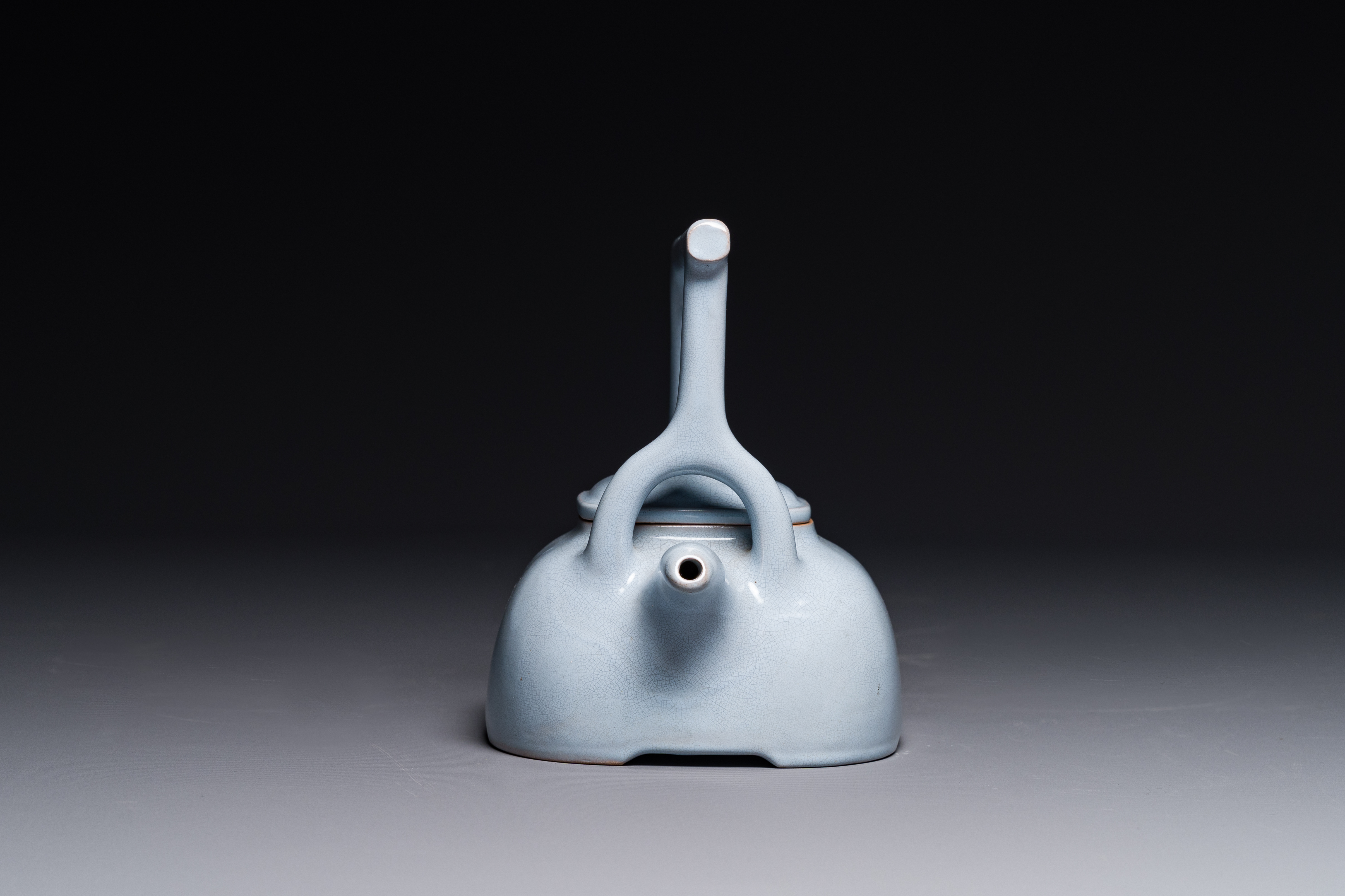 A Chinese monochrome clair-de-lune-glazed Yixing stoneware teapot and cover, Yixing seal mark, Repub - Image 4 of 6