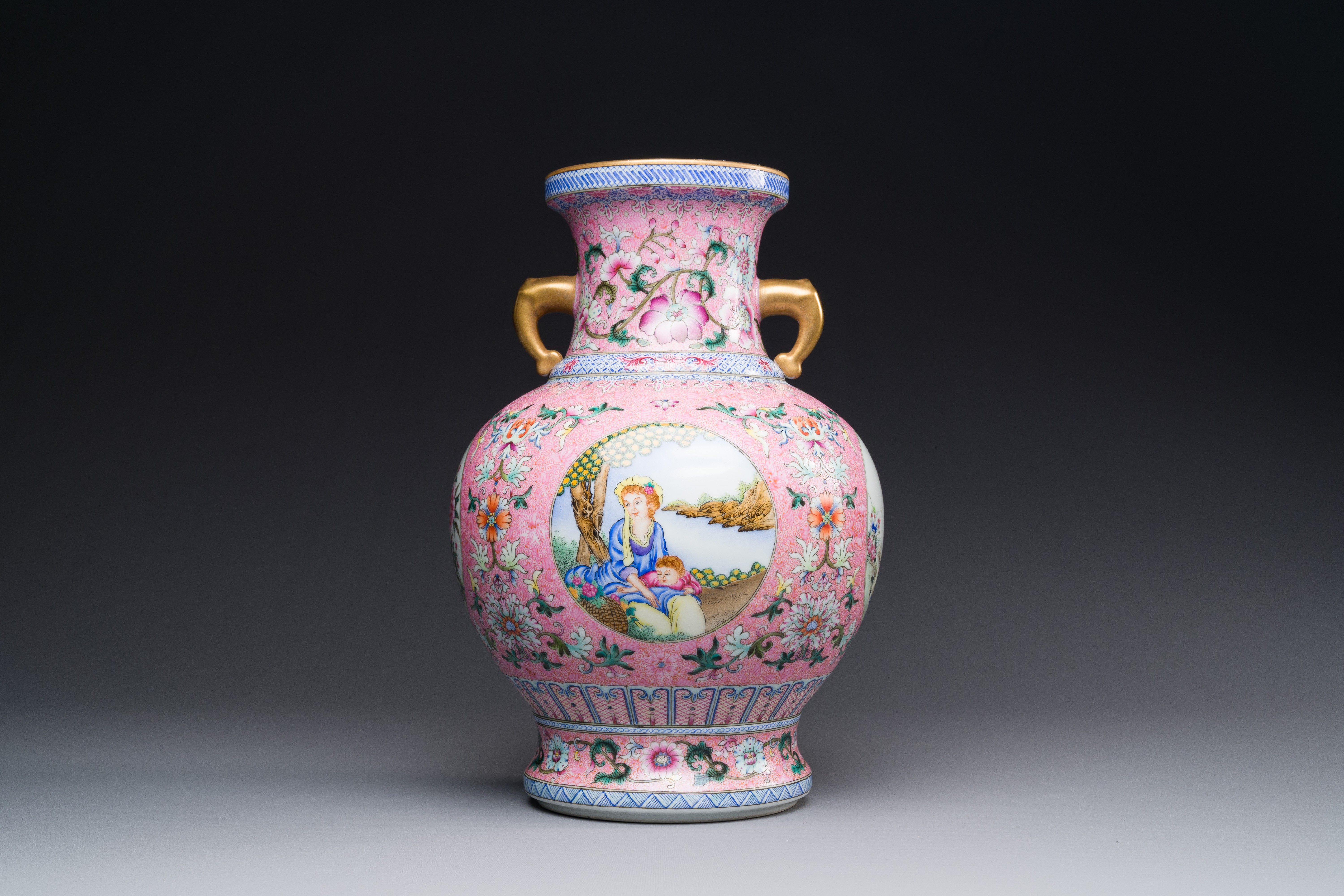 A Chinese famille rose pink-ground 'European scene' vase , 20th C.