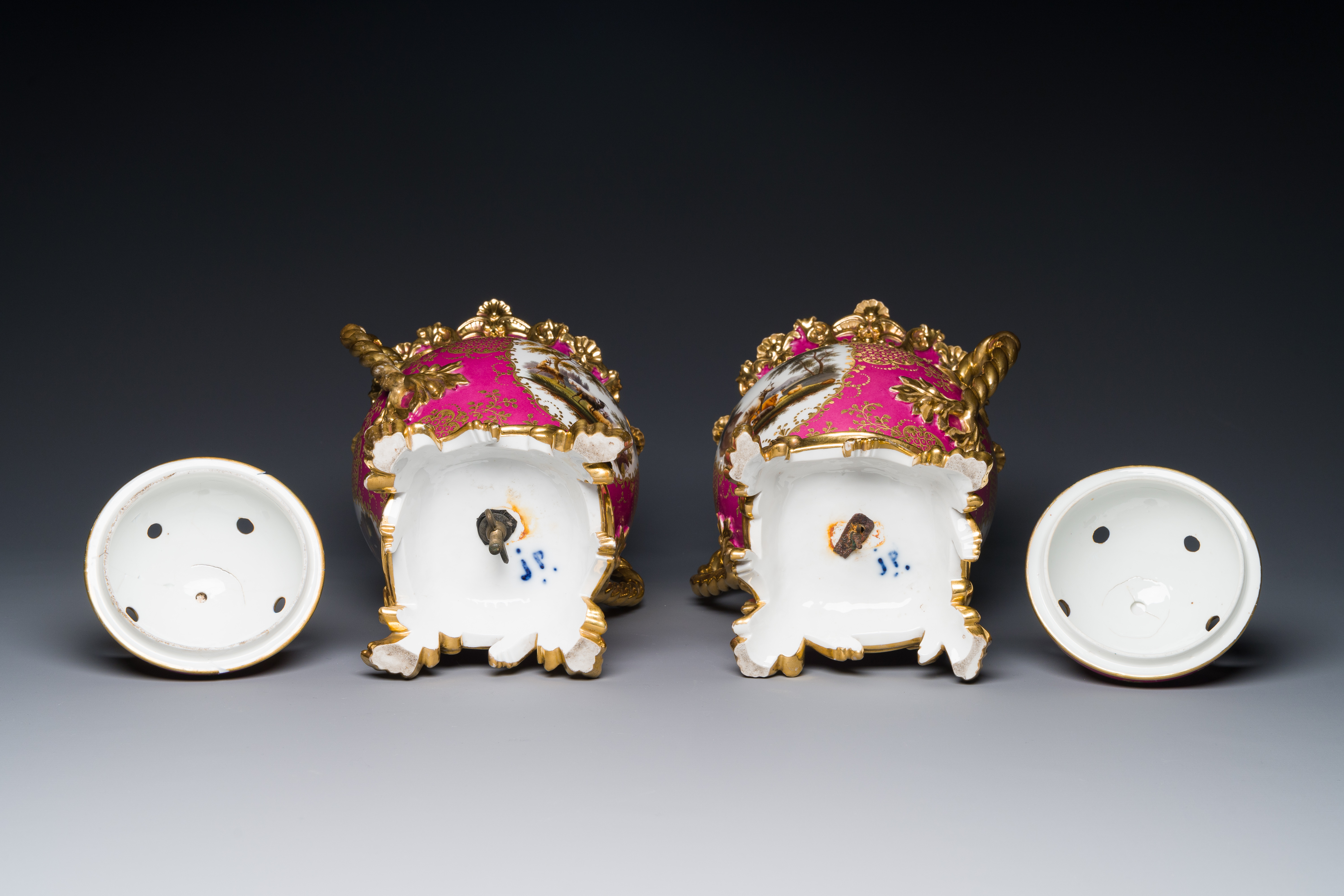 A pair of French parcel-gilt polychrome pink-ground porcelain potpourri vases, Jacob Petit, Paris, 1 - Image 6 of 7