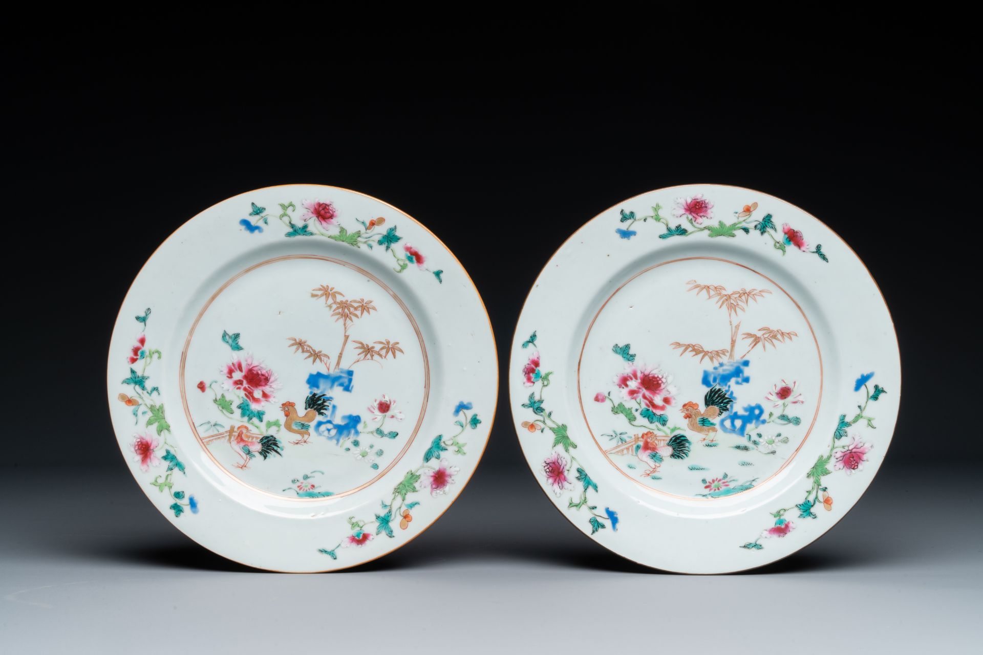 A pair of famille rose 'rooster' plates and a pair of 'floral' plates, Qianlong - Image 2 of 5