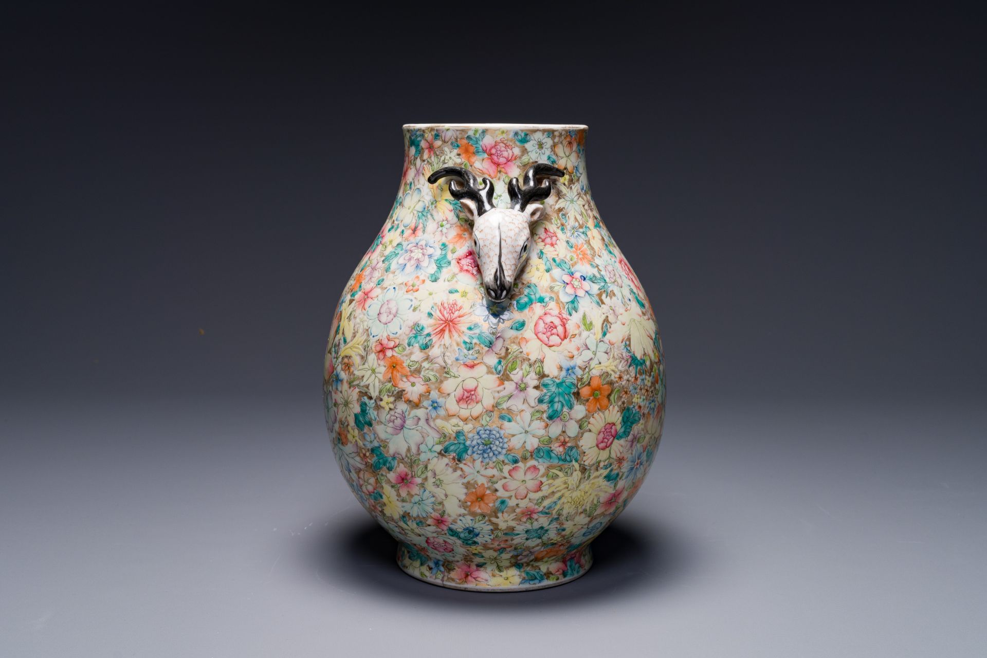 A Chinese famille rose 'millefleurs' 'hu' vase, Qianlong mark, Republic - Image 2 of 4