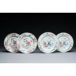 A pair of famille rose 'rooster' plates and a pair of 'floral' plates, Qianlong