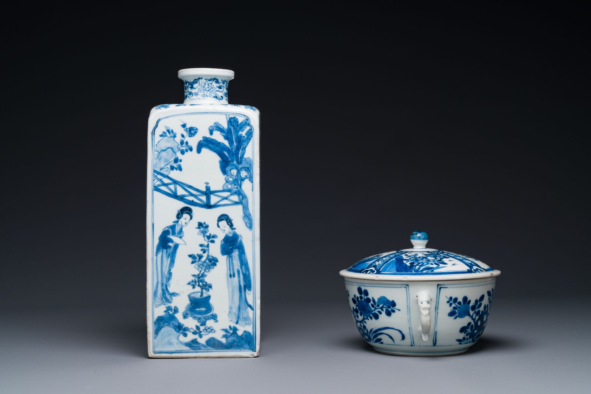 A Chinese blue and white square 'Long Eliza' flask and a covered bowl, Kangxi - Image 2 of 10