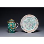 A Chinese Canton famille rose green-ground 'dragon' jug and a 'Seven Sages of the Bamboo Grove' plat