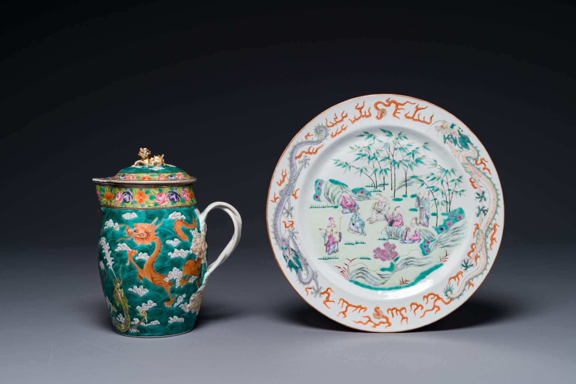 A Chinese Canton famille rose green-ground 'dragon' jug and a 'Seven Sages of the Bamboo Grove' plat