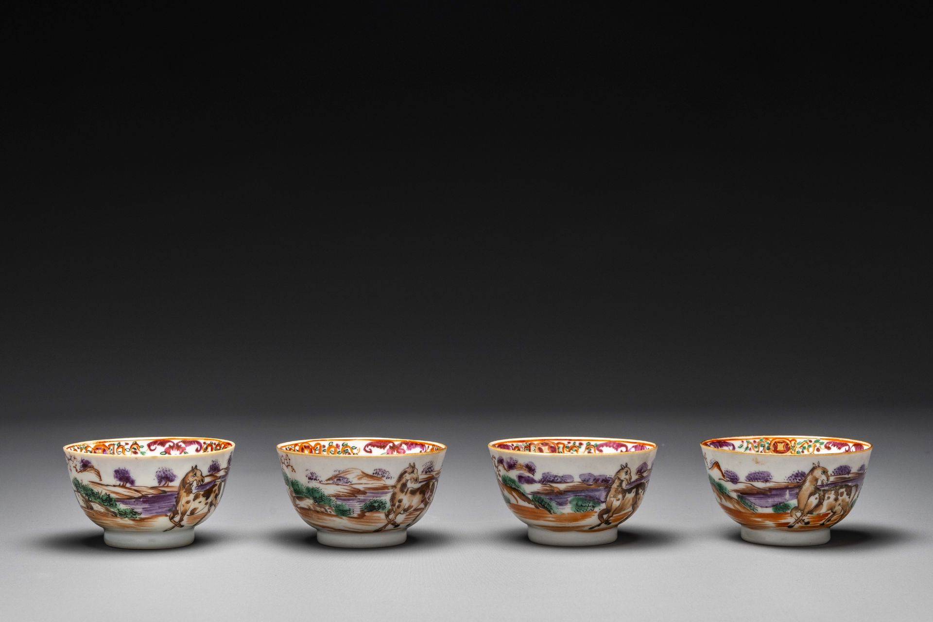 Four Chinese famille rose cups and saucers and an ewer with design of two horses, Qianlong - Image 12 of 15