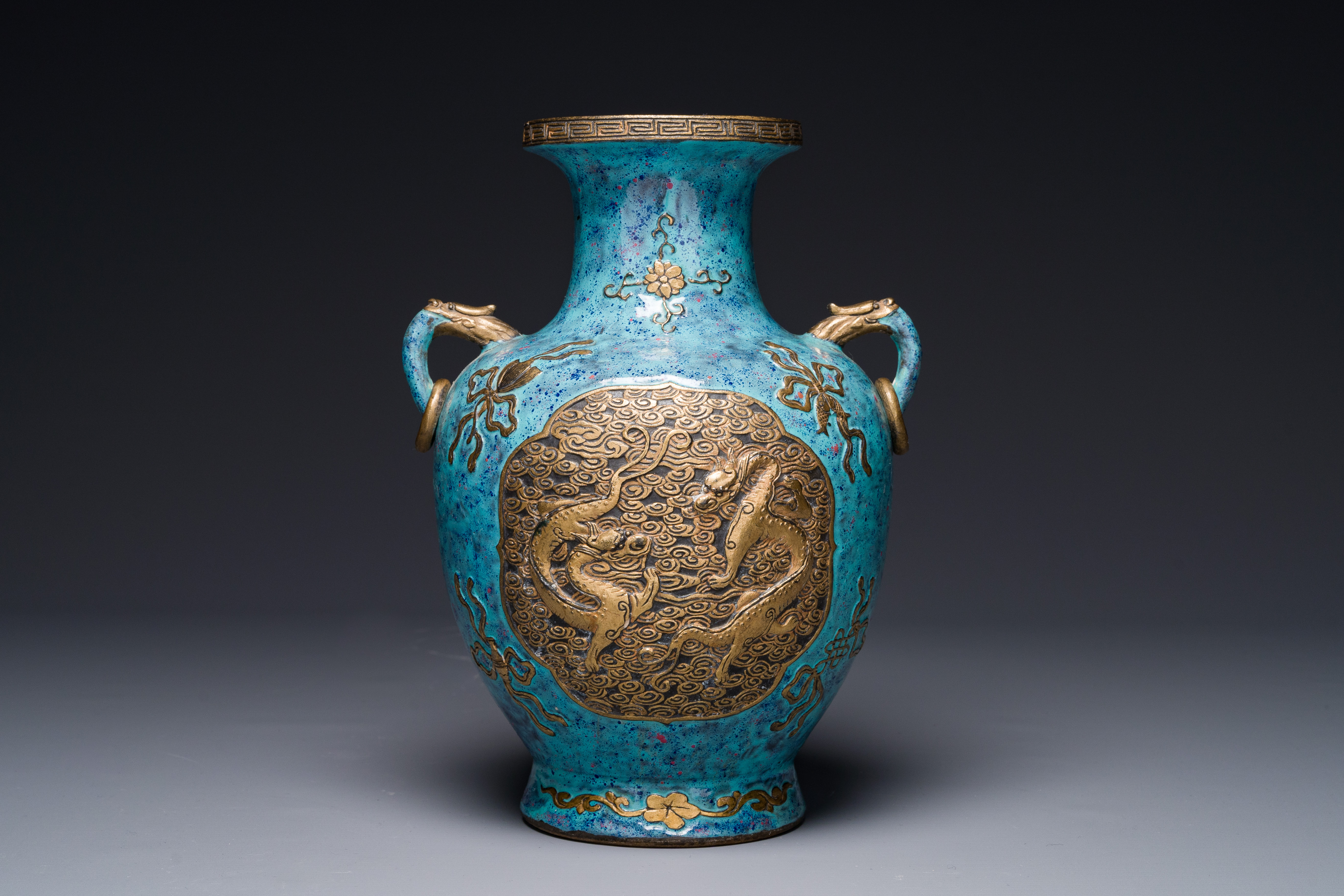 A Chinese 'robin's egg and imitation bronze'-glazed 'hu' vase, Qianlong mark, 19th C. - Image 3 of 5