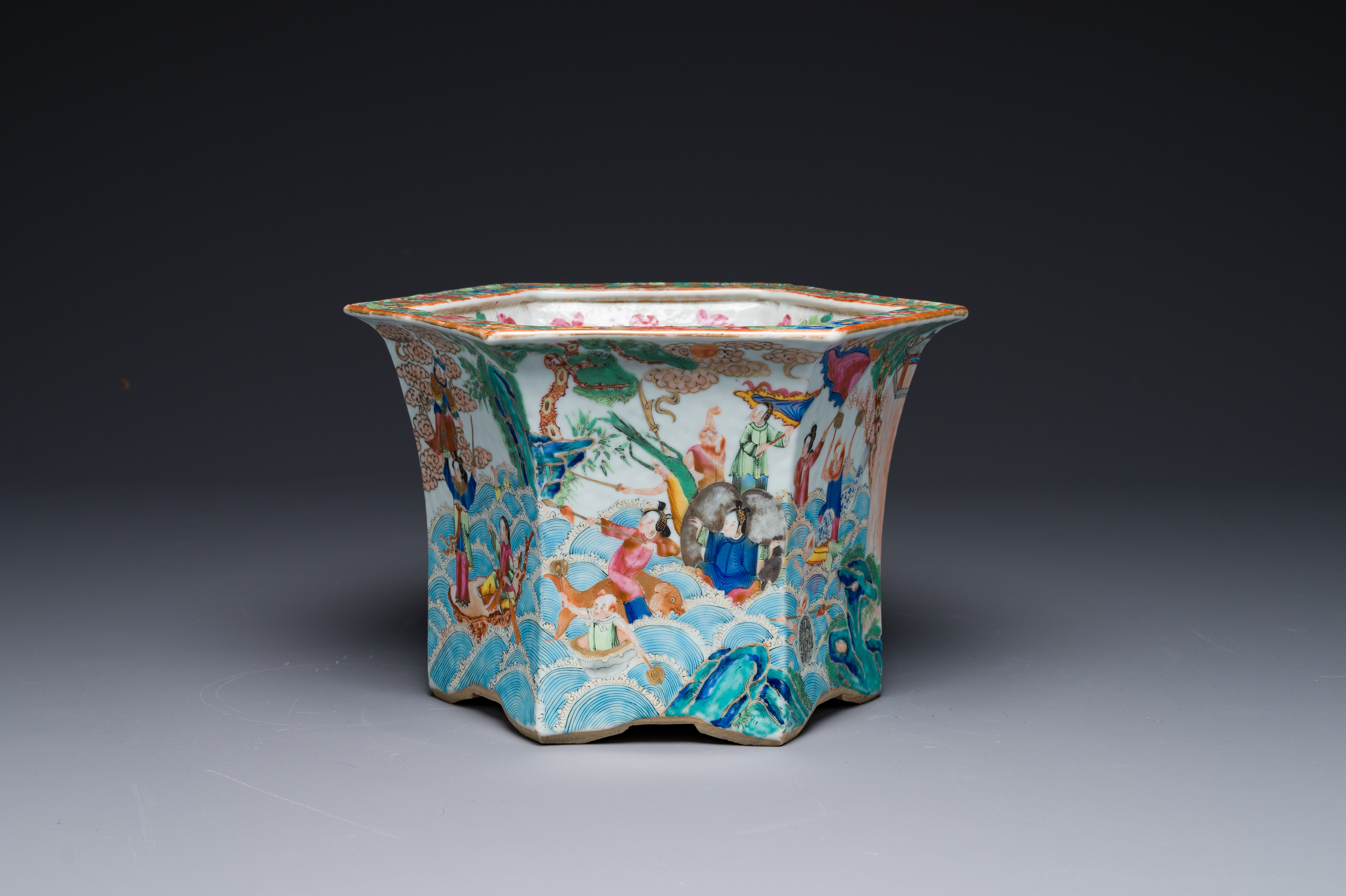 A very fine hexagonal Chinese Canton famille rose jardiniere, 19th C. - Image 7 of 9