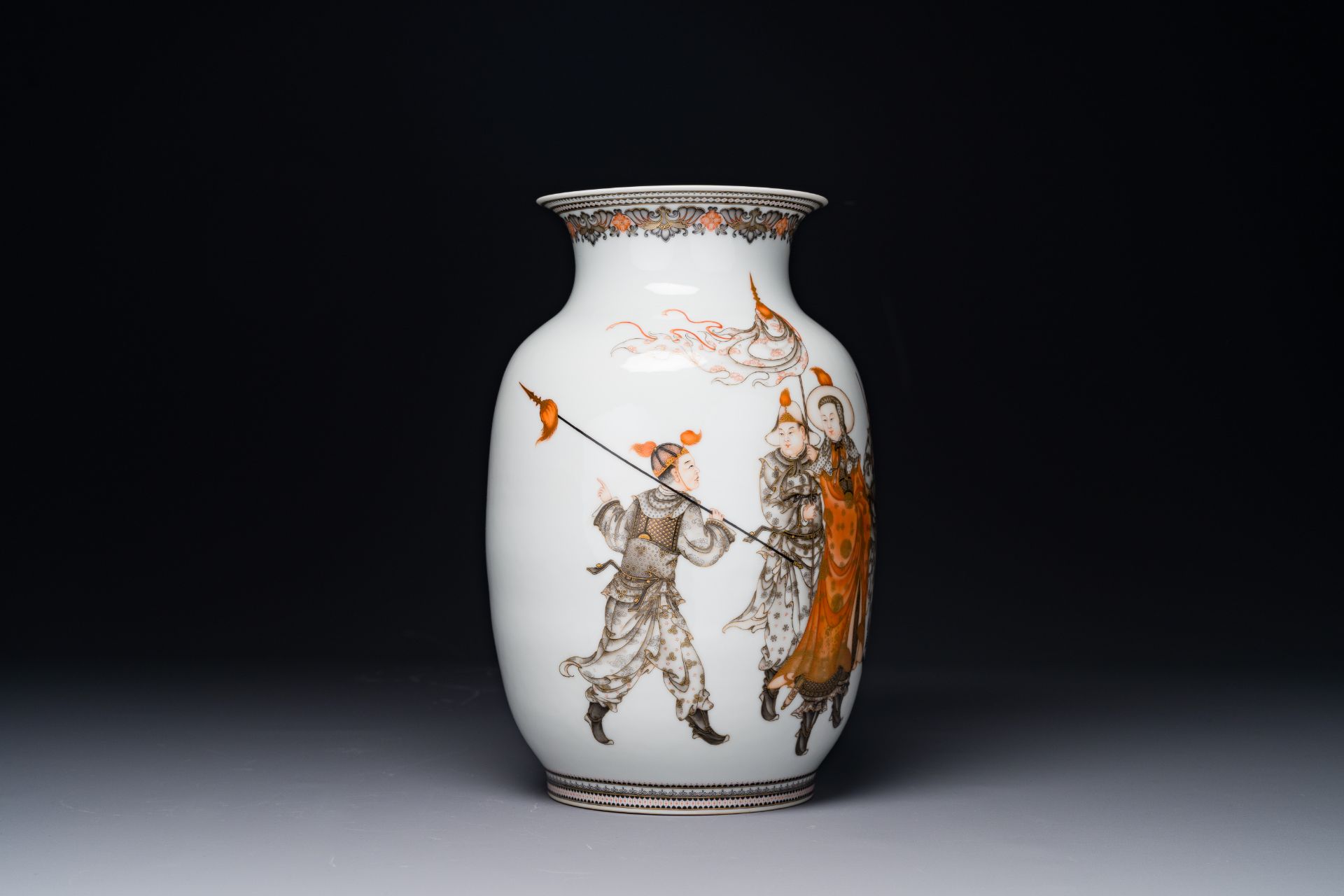 A fine Chinese iron-red, grisaille and gilt lantern-shaped 'mulan æœ¨è˜­' vase, signed Zhou Xiangpu - Image 4 of 6