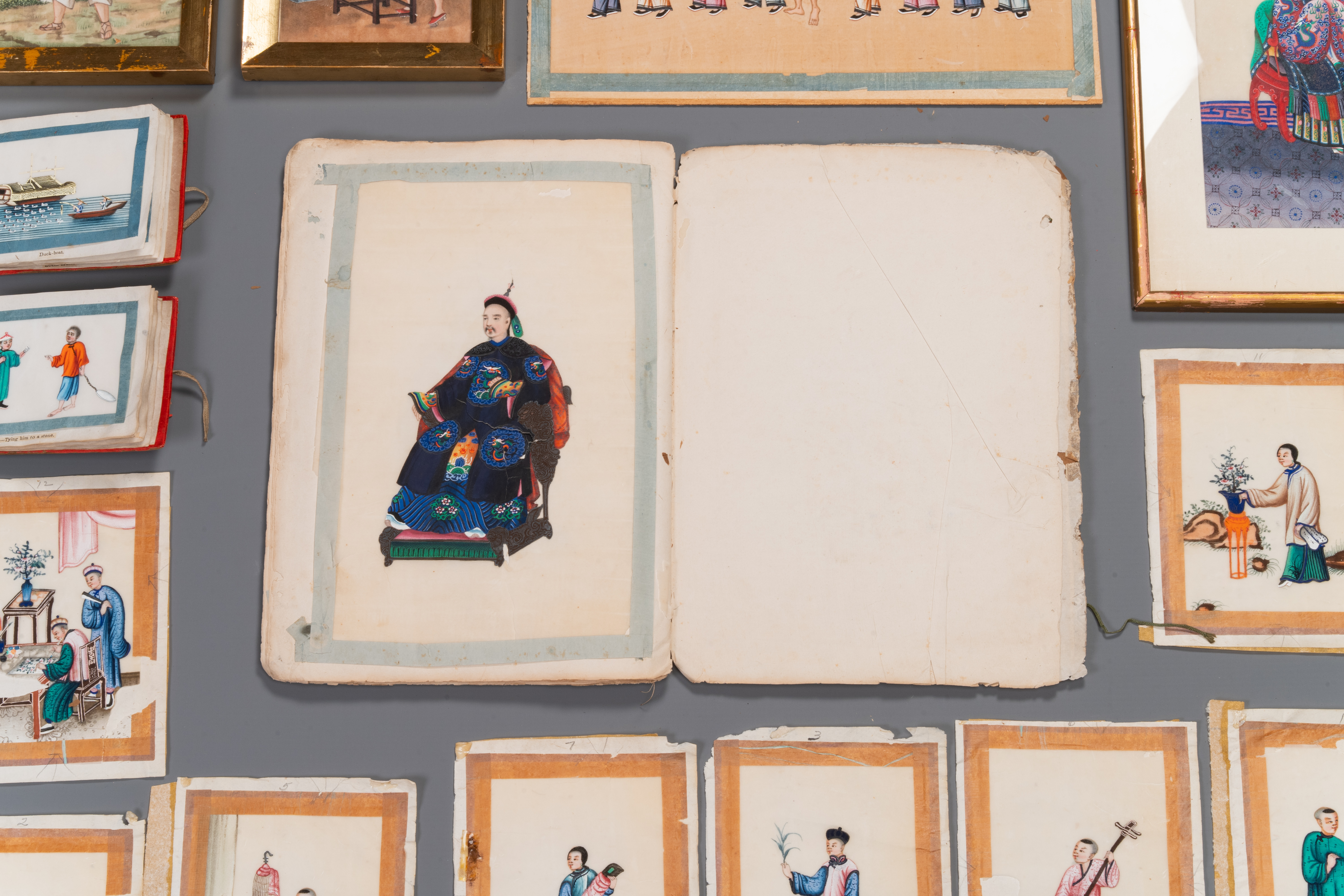 A varied collection of Chinese rice paper paintings with figures, Canton, 19th C. - Image 13 of 13