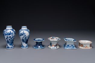 A pair of Chinese blue and white vases and four blue and white, famille rose and Imari-style salts,
