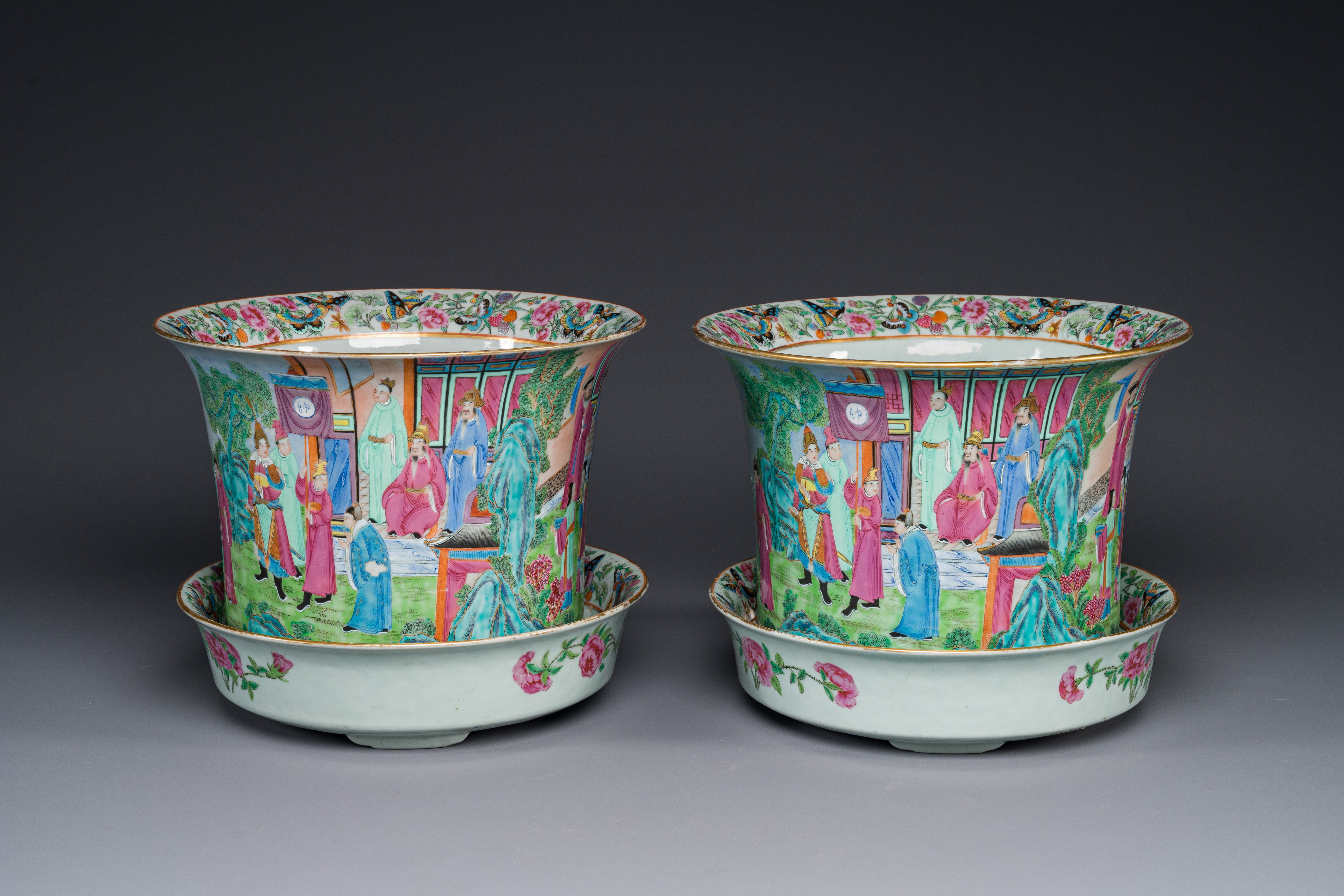 A pair of fine Chinese Canton famille rose jardinieres on stands, 19th C.