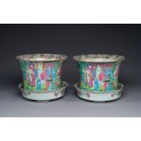 A pair of fine Chinese Canton famille rose jardinieres on stands, 19th C.