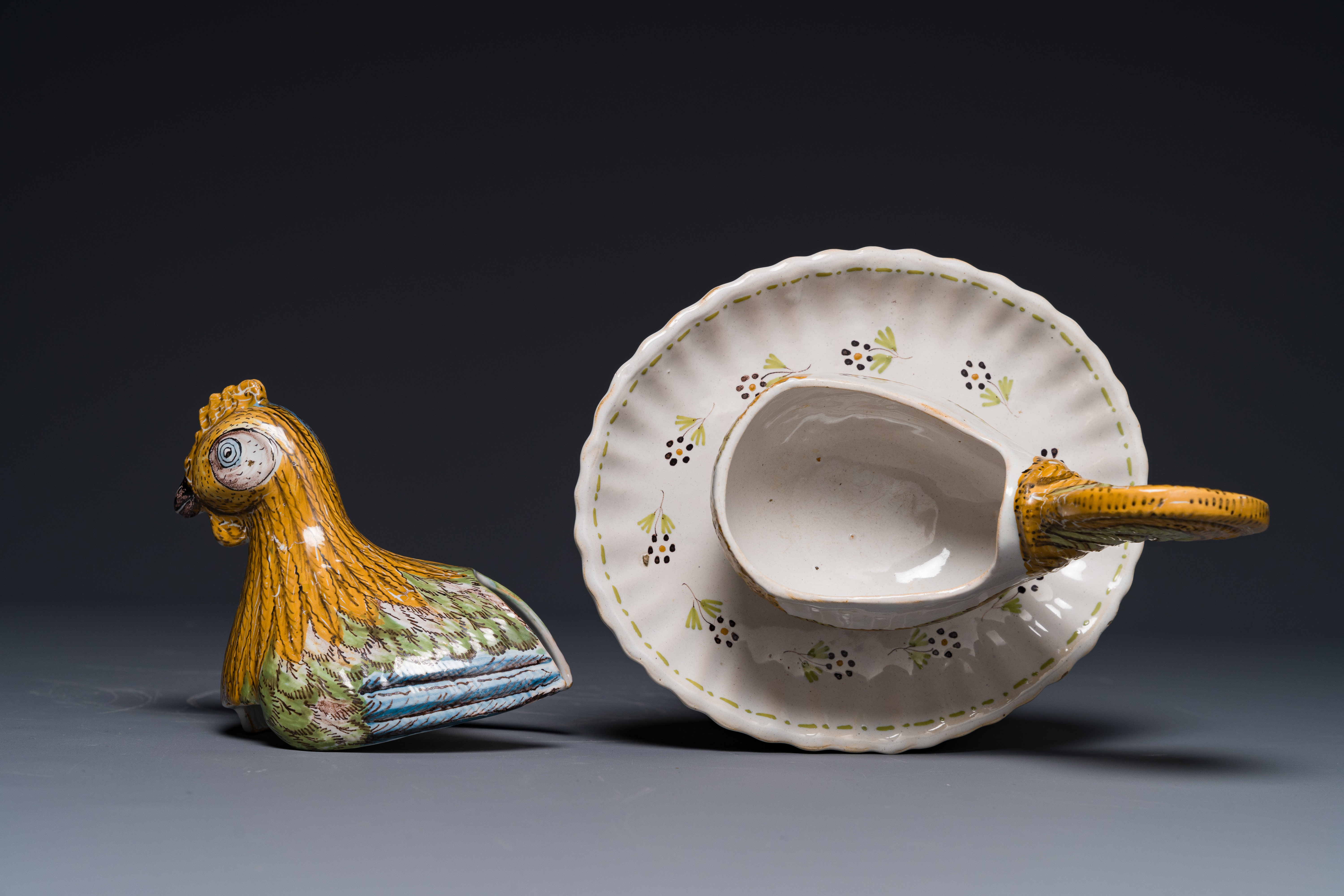 A German polychrome faience rooster-shaped tureen and cover, Abtsbessingen, 18th C. - Image 5 of 13