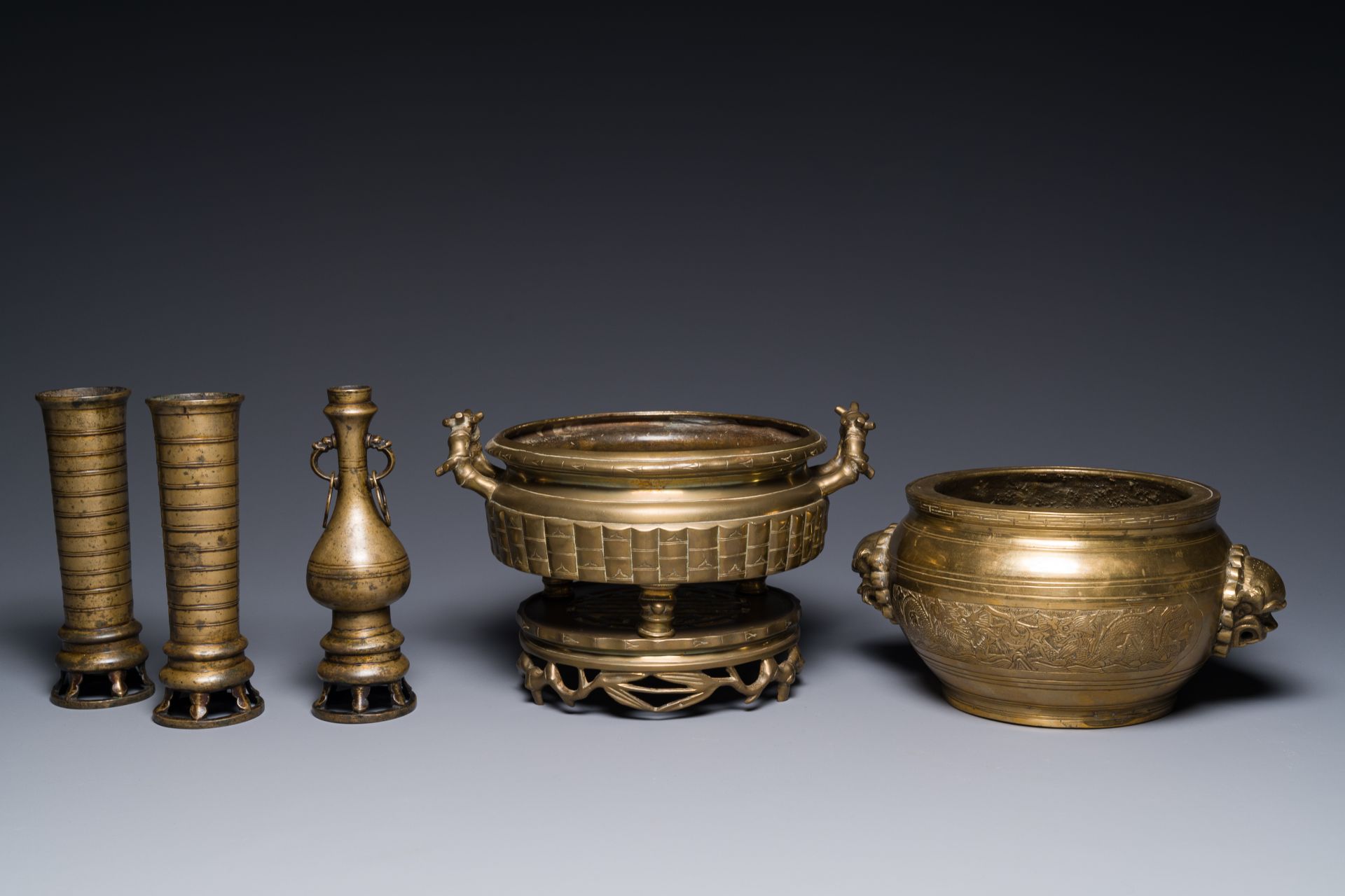 Two Chinese bronze censers, one with stand and three vases, Xuande mark, 19/20th C. - Image 3 of 5