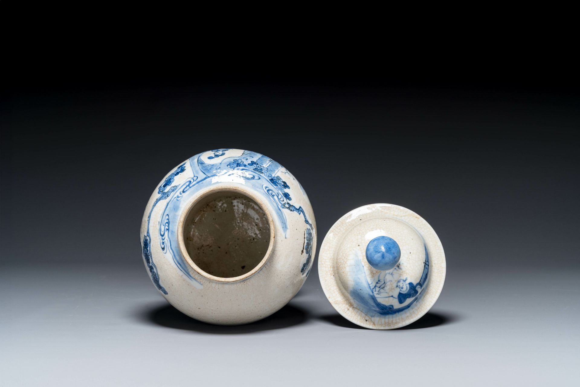 A Chinese celadon-ground blue and white dish and a vase and cover, Chenghua mark, 19th C. - Image 3 of 4