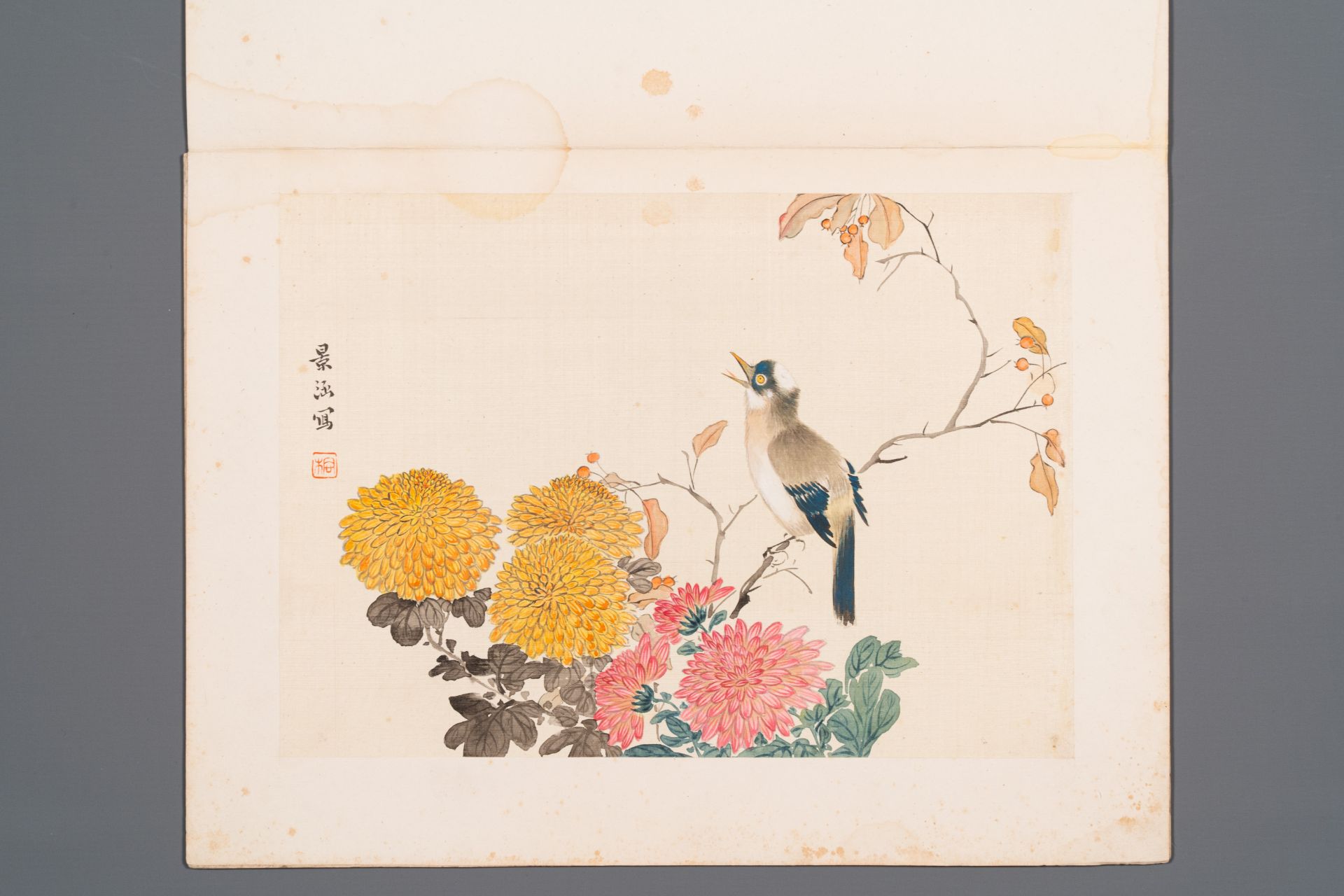 Chinese school: Seven works with birds and flowers, ink and colour on silk, signed Jinghan æ™¯æ¶µ, 1 - Bild 12 aus 12