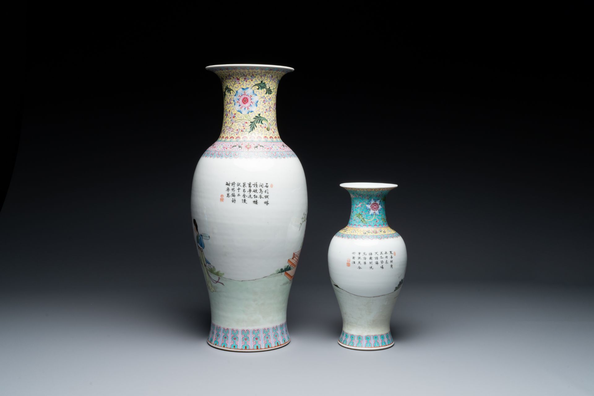 Two Chinese famille rose vases with rice production and figurative design, Qianlong mark, 20th C. - Bild 2 aus 4