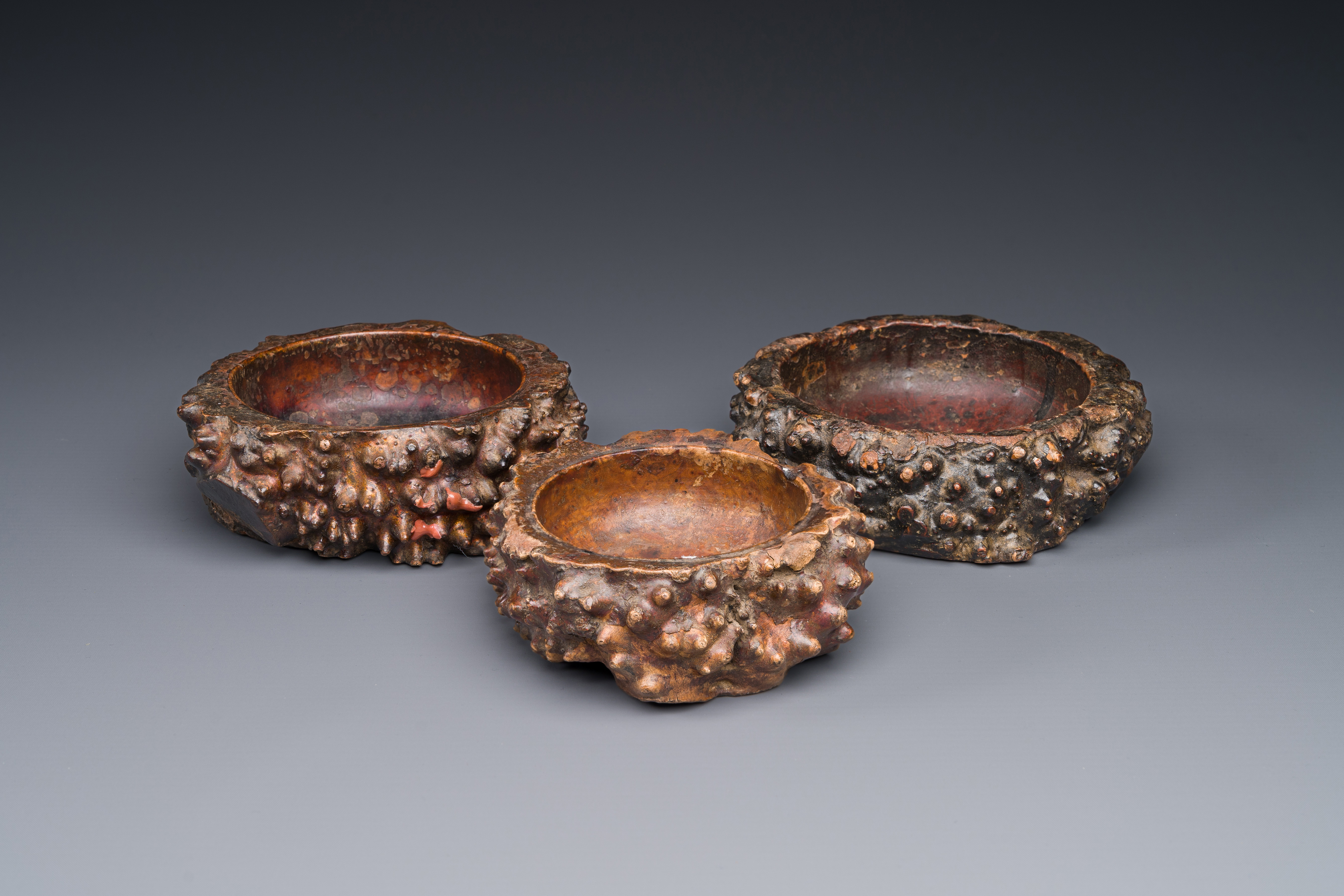 Three Chinese burl wood brush washers, 19th C.