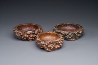 Three Chinese burl wood brush washers, 19th C.