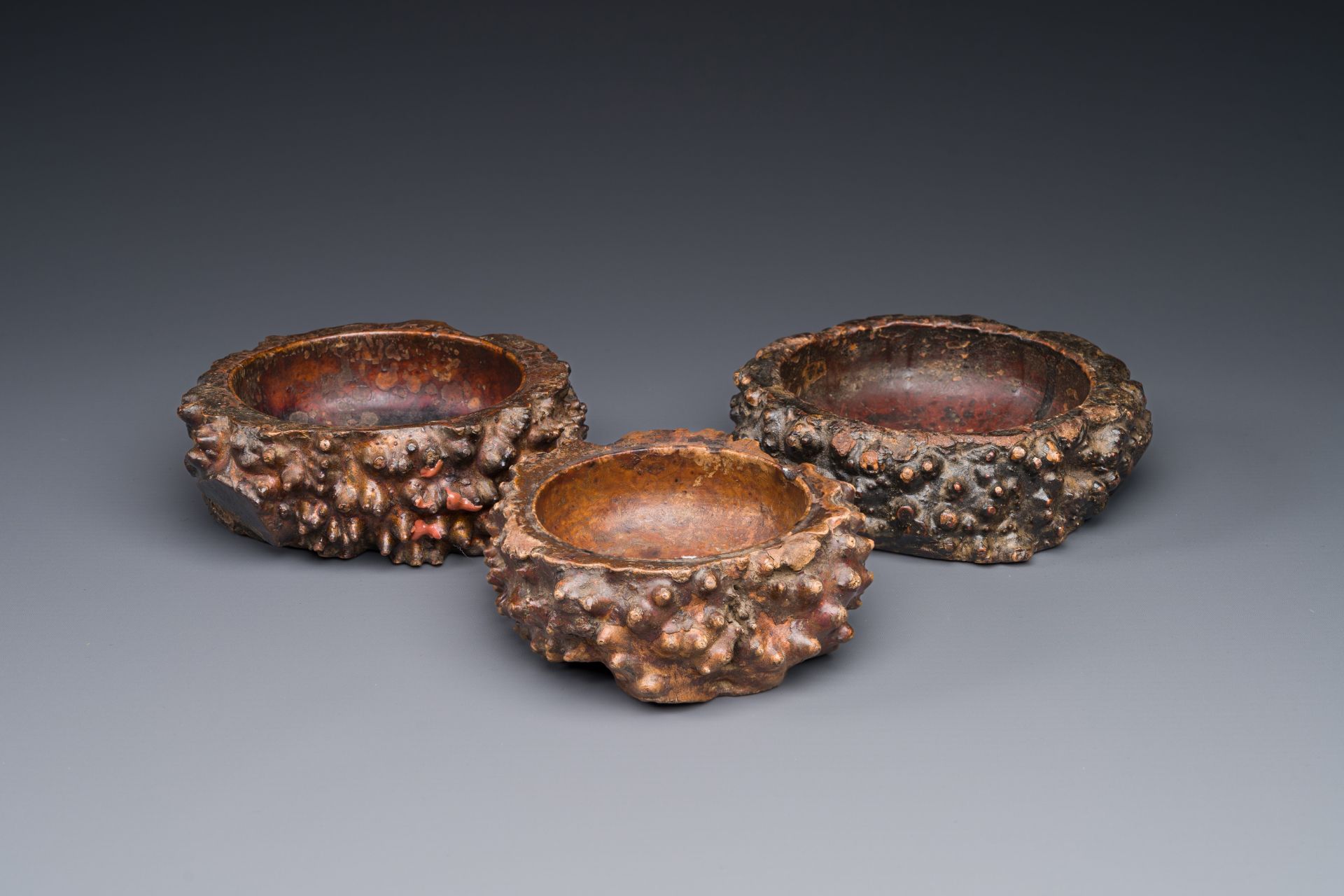 Three Chinese burl wood brush washers, 19th C.