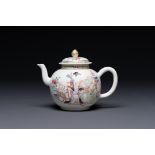 A fine Chinese famille rose teapot with a cat, lady and child, Yongzheng