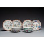 A pair of Chinese famille rose bowls and four plates, Yongzheng/Qianlong