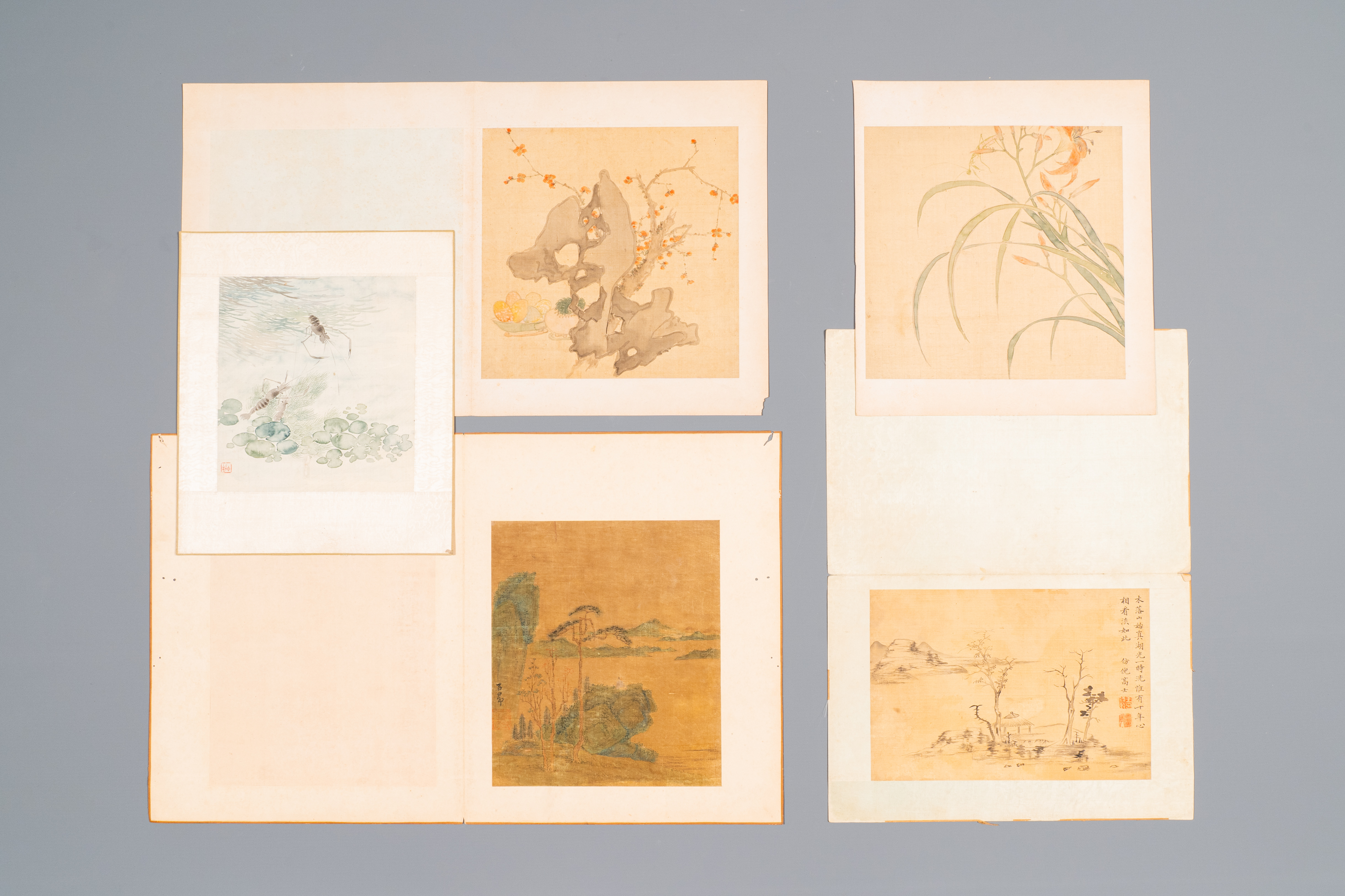 Chinese school: Five various works with landscapes and flowers, ink and colours on silk, signed Zizh