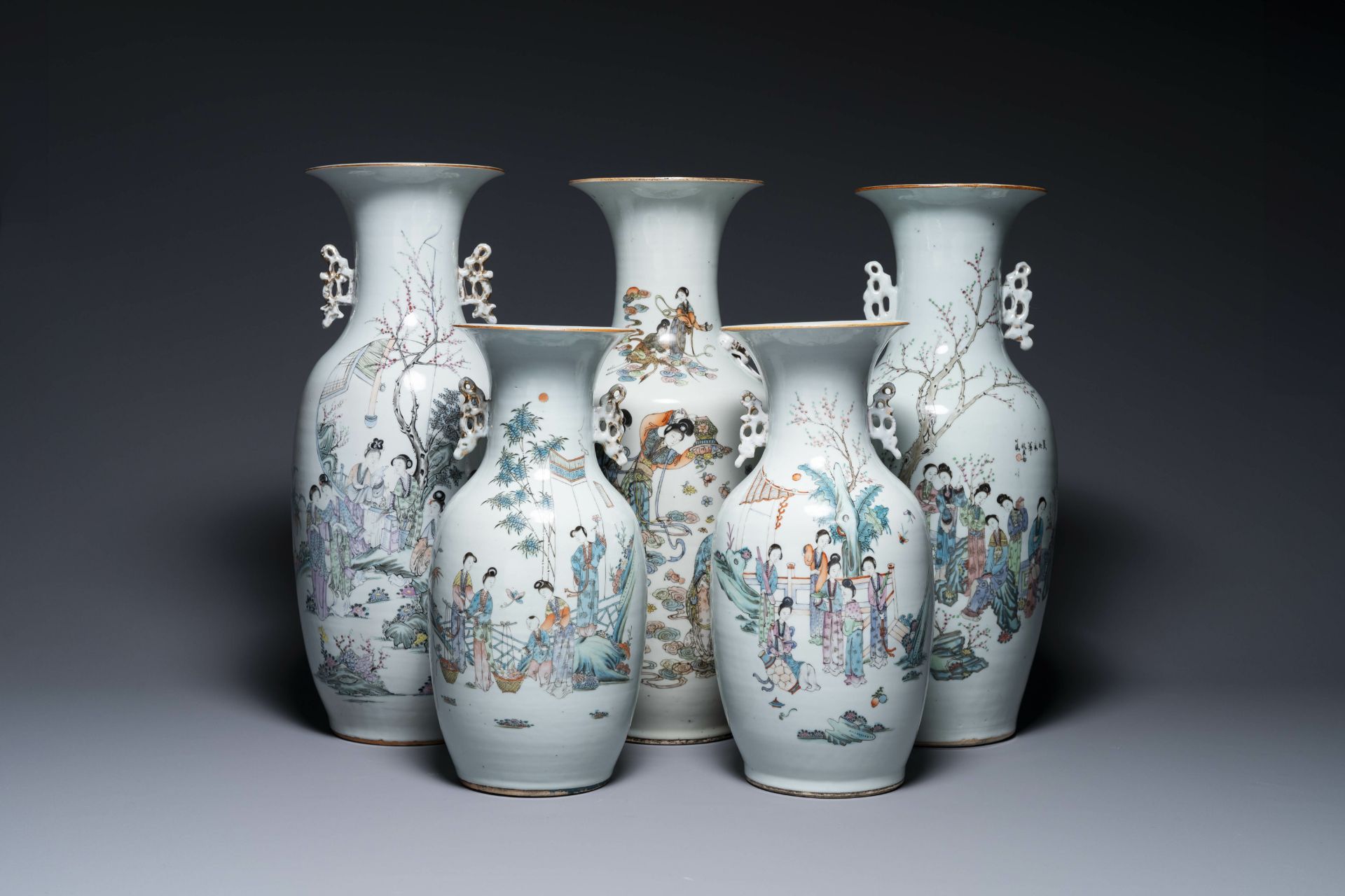 Five Chinese famille rose vases with figural design, 19/20th C.