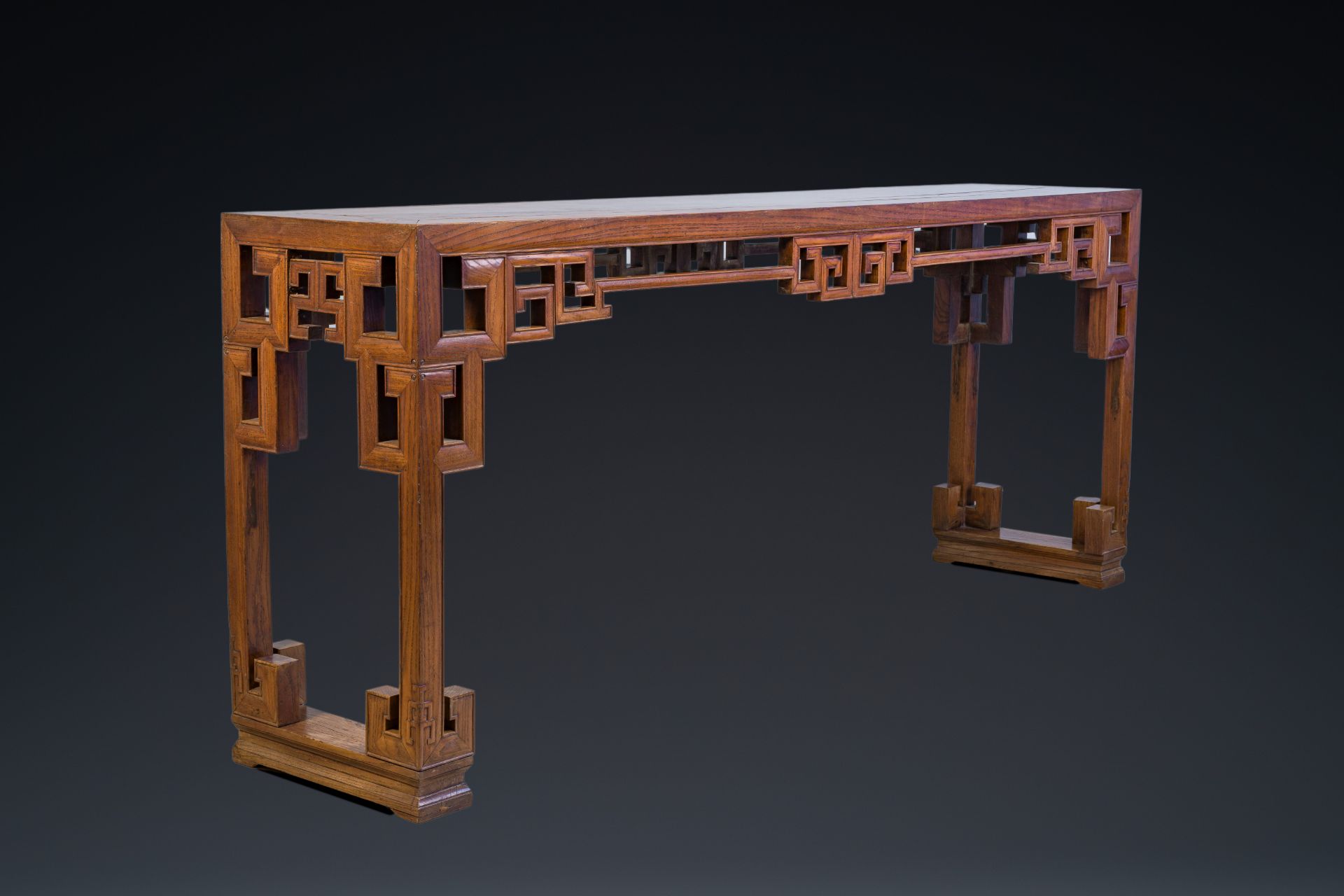 A large Chinese elm wood 'tiaoan' with geometric design, 19/20th C.