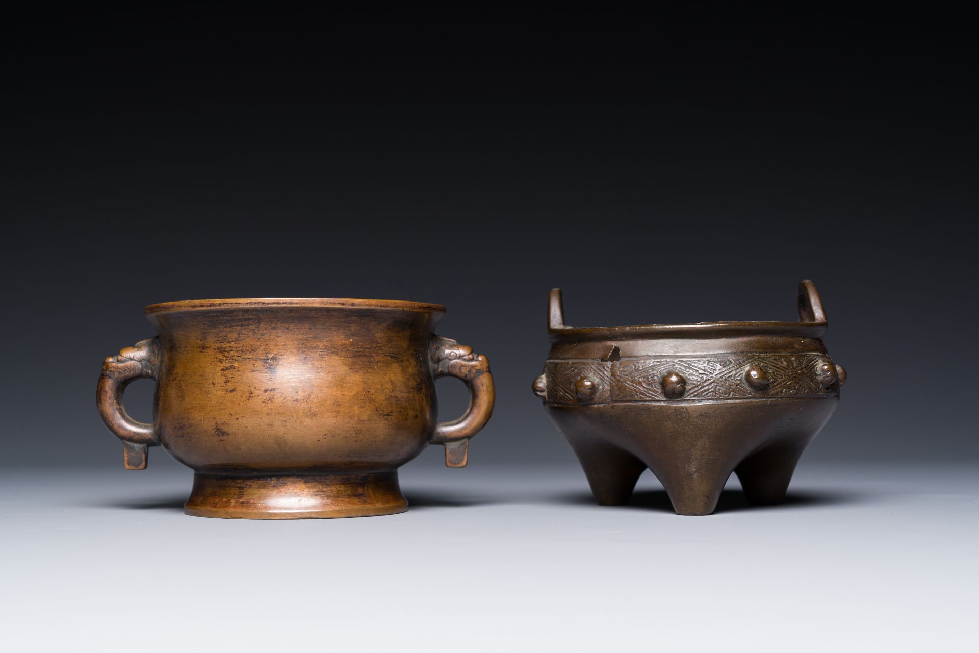 Two Chinese bronze censers, Xuande mark, Yuan/Ming - Image 2 of 7