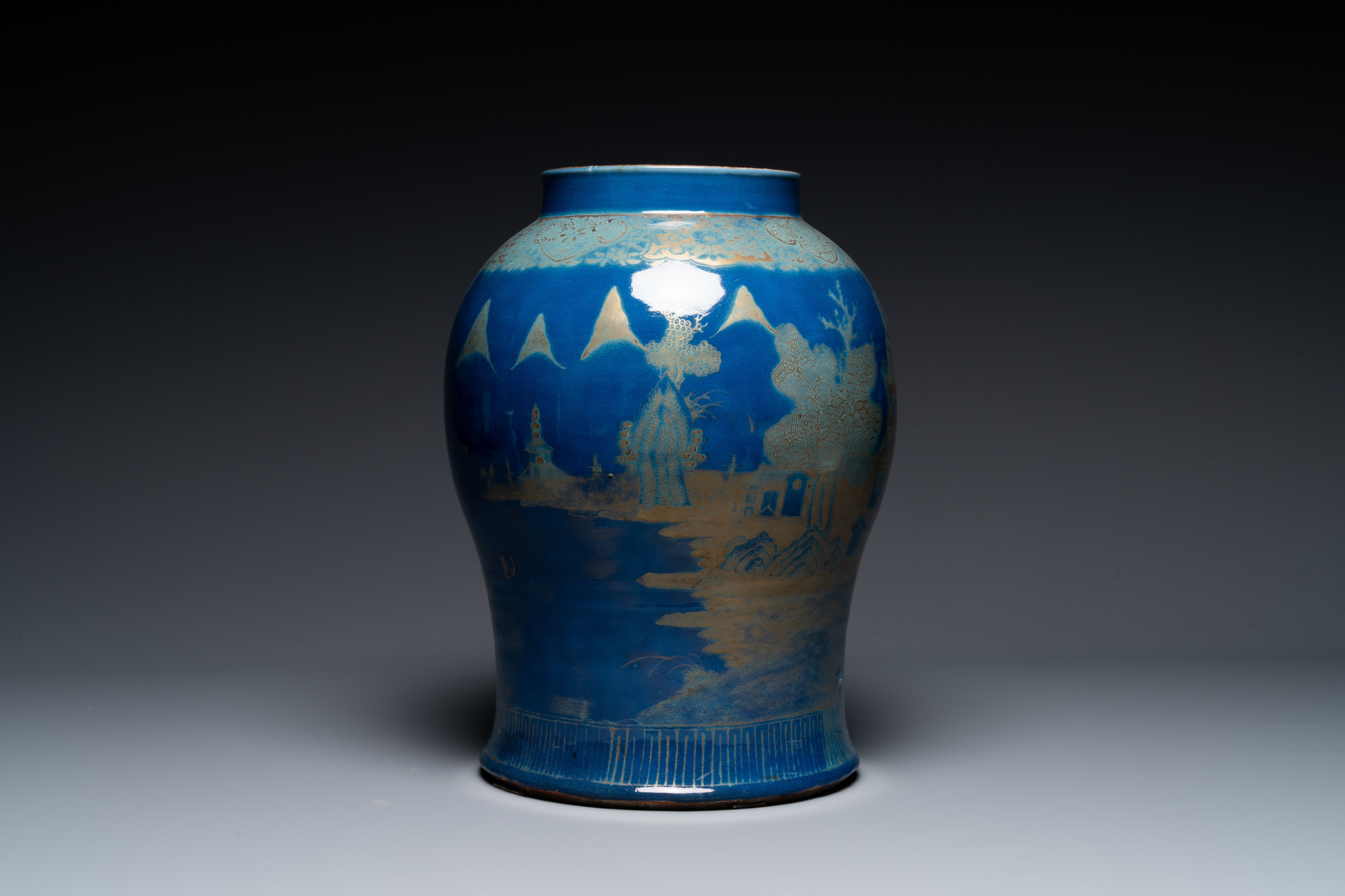 A Chinese gilt-decorated powder-blue vases with landscape design, Qianlong/jiaqing - Image 4 of 6