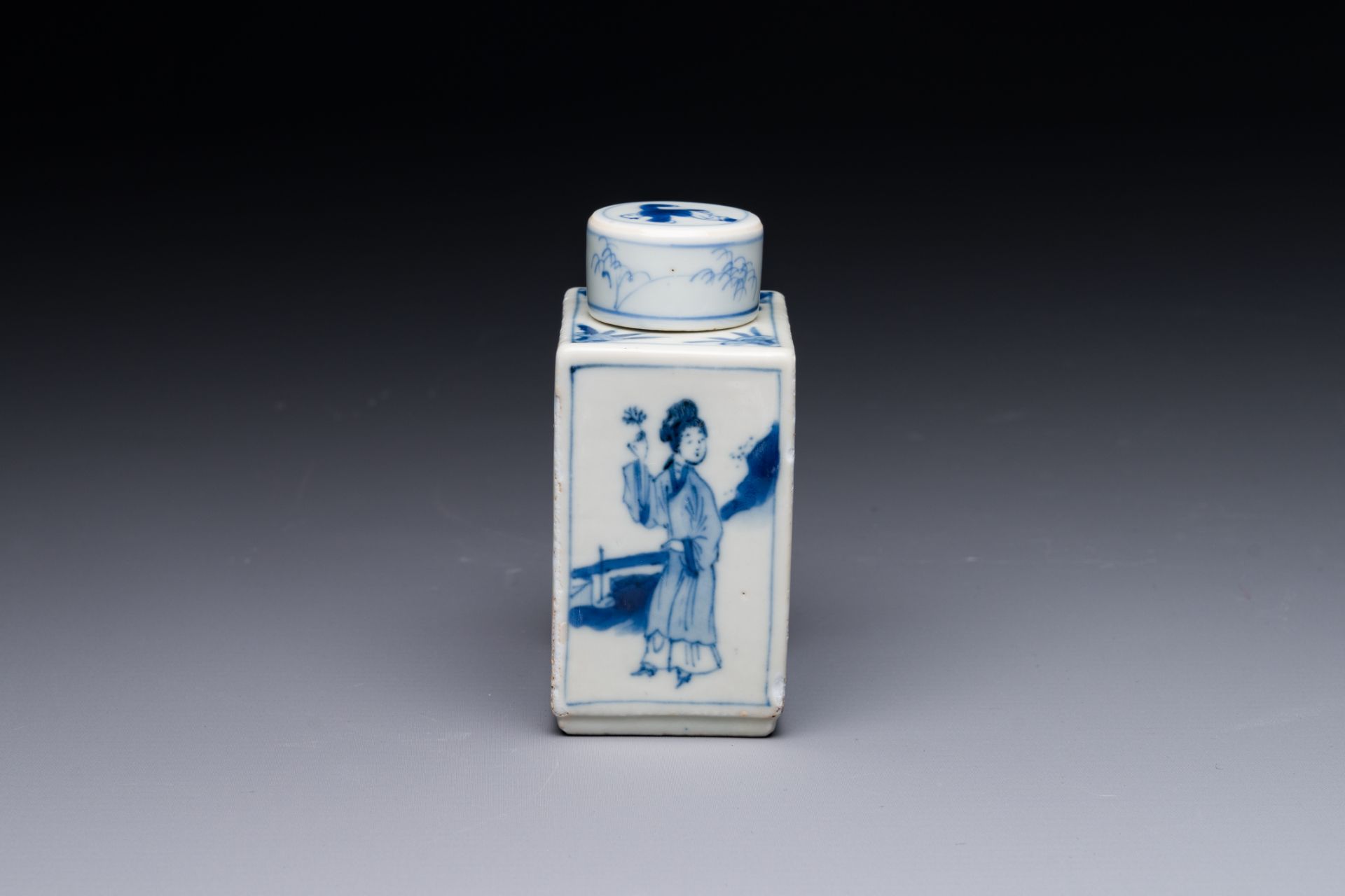 A rectangular Chinese blue and white 'Long Eliza' tea caddy and cover, Kangxi - Image 5 of 7