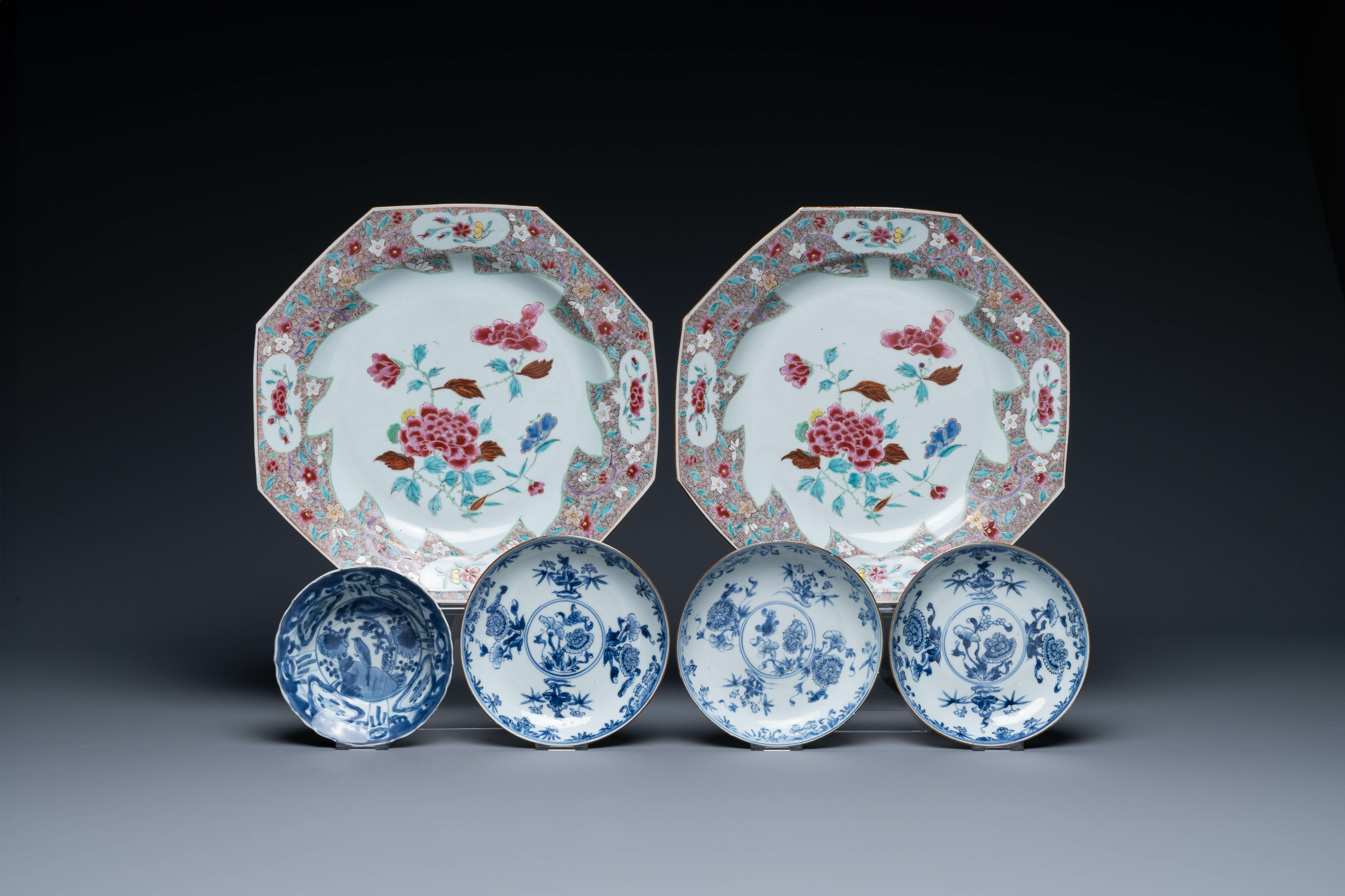 A pair of Chinese famille rose dishes, three blue and white plates and a 'kraak' porcelain 'klapmuts