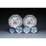 A pair of Chinese famille rose dishes, three blue and white plates and a 'kraak' porcelain 'klapmuts